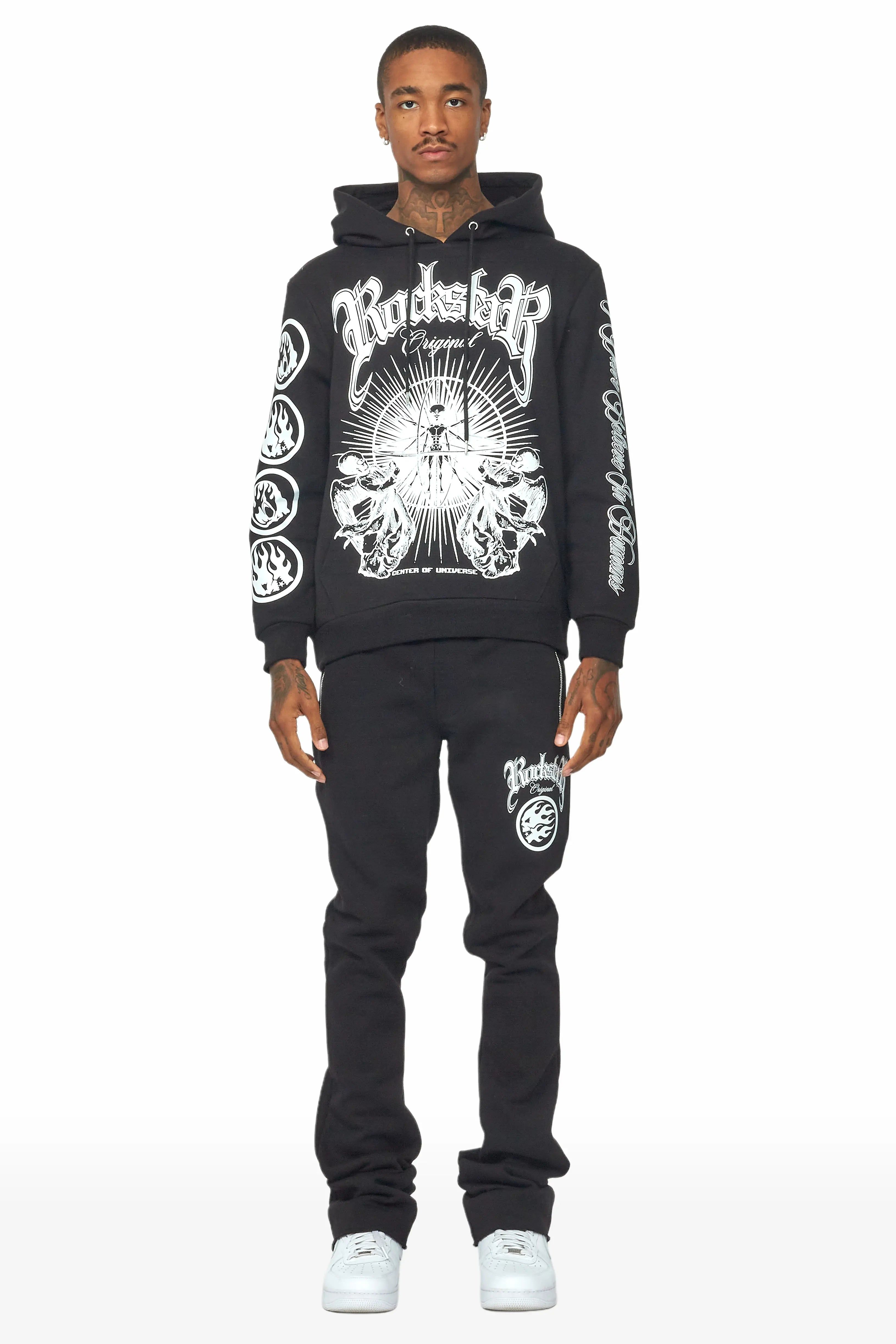 Yarden Black Graphic Hoodie/Stacked Flare Pant Track Set sold by Rockstar Original