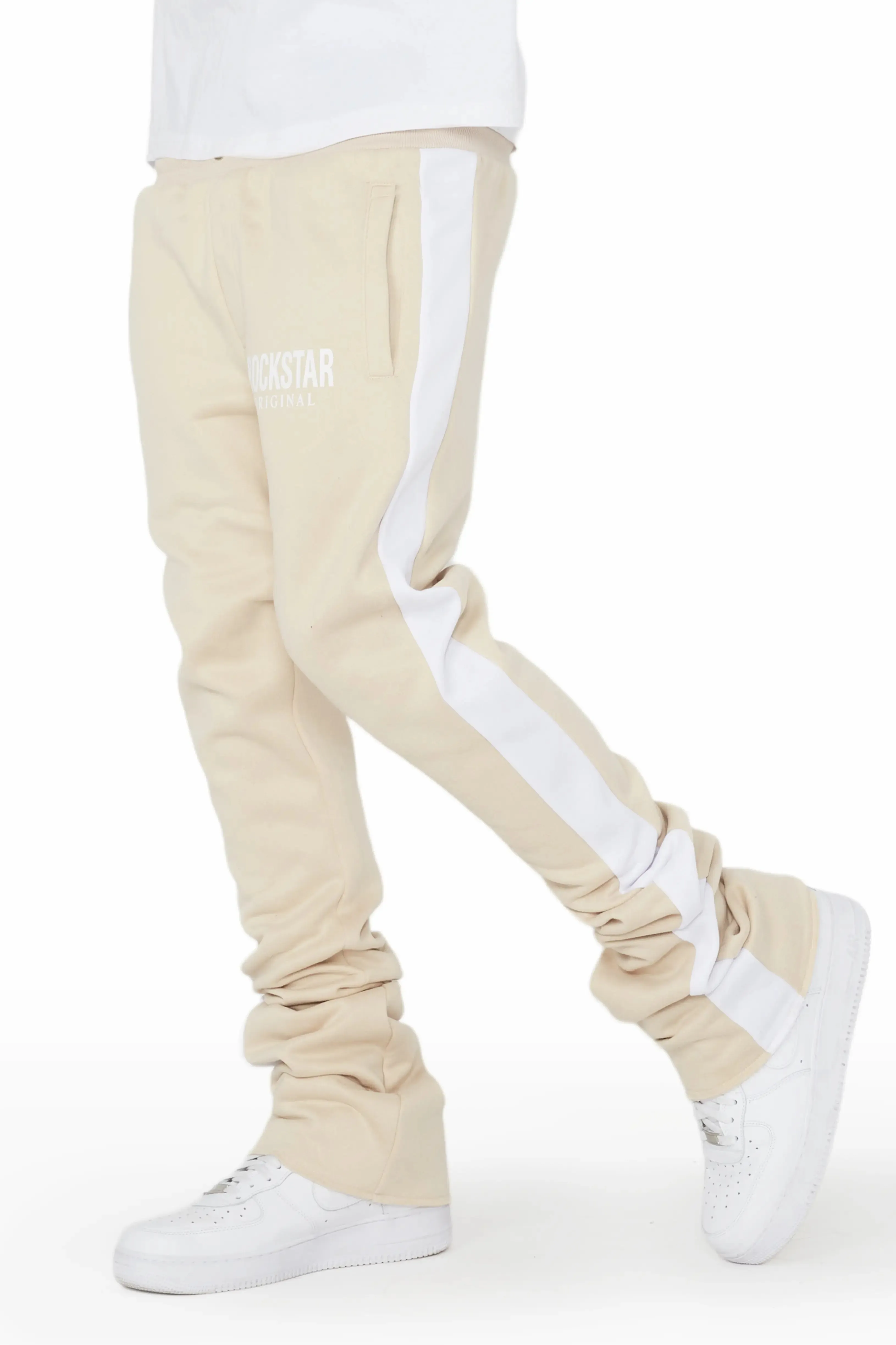 Leonel Beige Stacked Flare Track Pant sold by Rockstar Original
