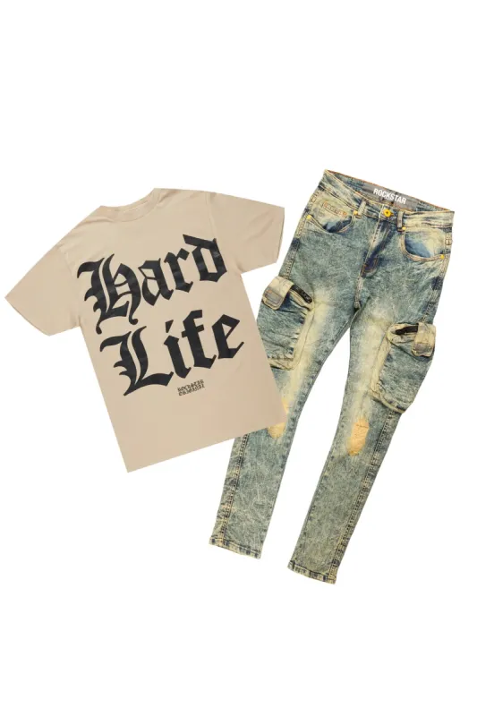 Hard Life Beige T-Shirt Slim Fit Cargo Jean Bundle sold by Rockstar Original