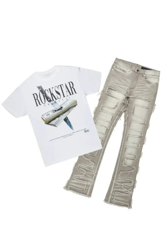 Dayte Nite White T-Shirt & Shake Grey Stacked Flare Jean sold by Rockstar Original