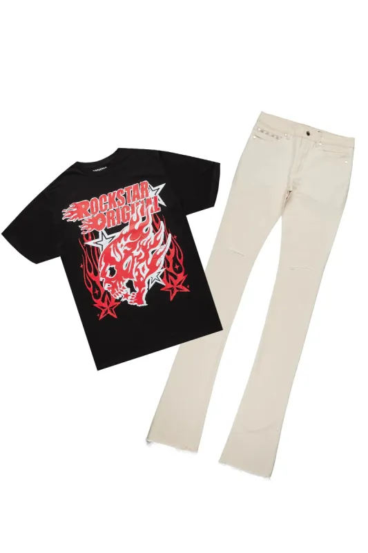 Smitty Black T-Shirt & Josiah Beige Super Stacked Flare Jean Bundle sold by Rockstar Original
