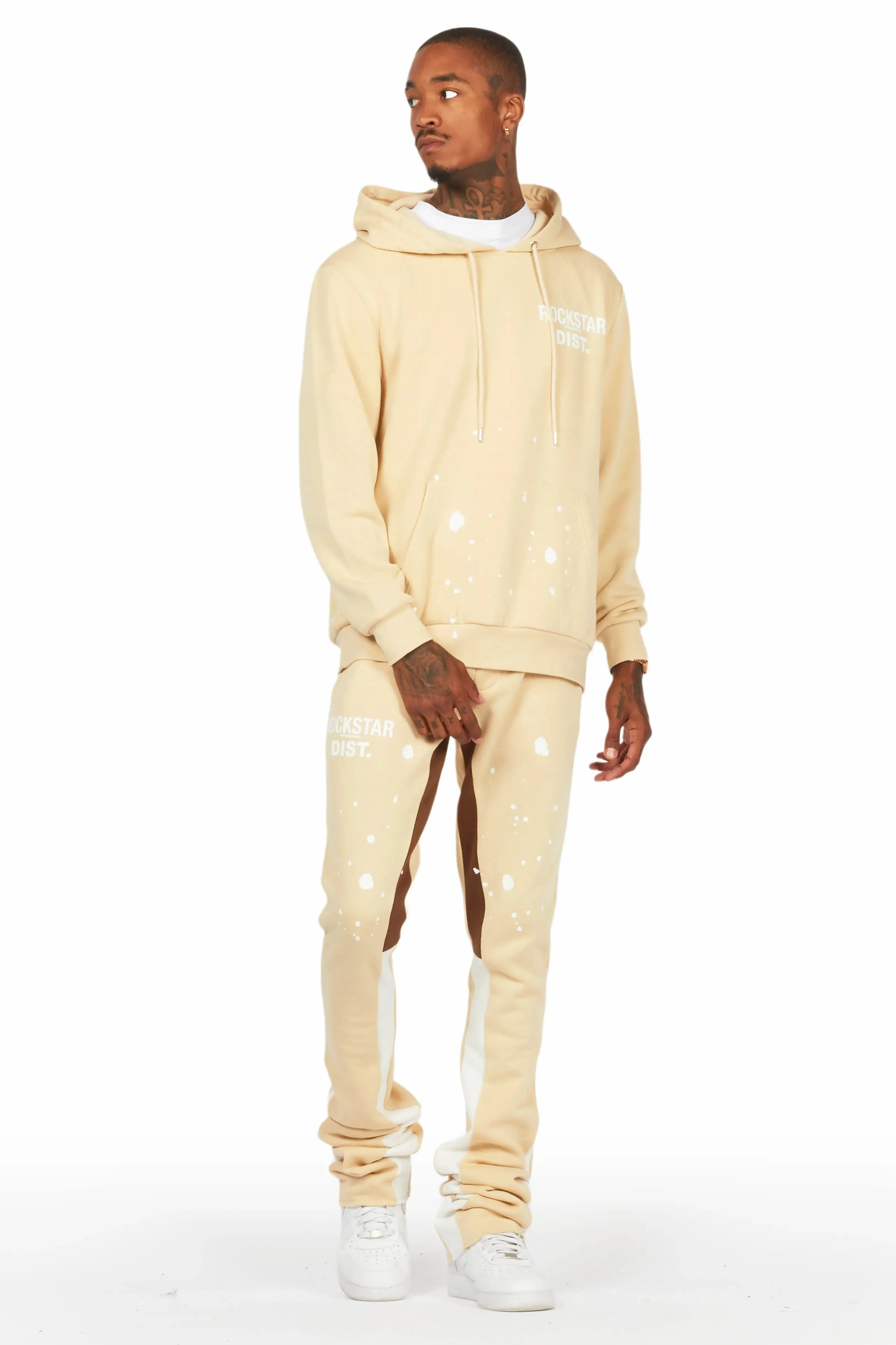 Raffer Beige/White Hoodie/Super Stacked Flare Pant Set sold by Rockstar Original