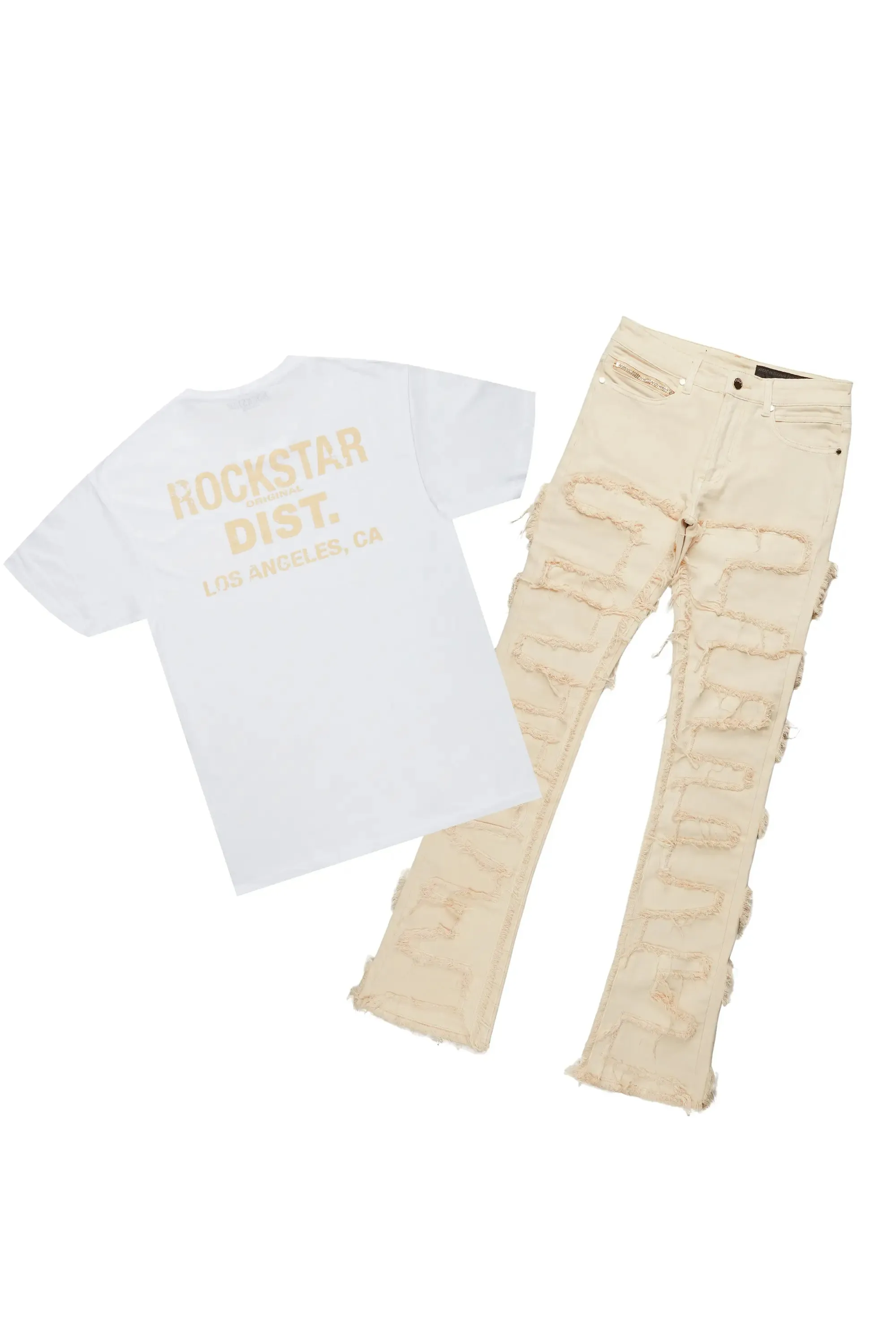 Lake White T-Shirt & Shake Beige Stacked Flare Jean Bundle sold by Rockstar Original
