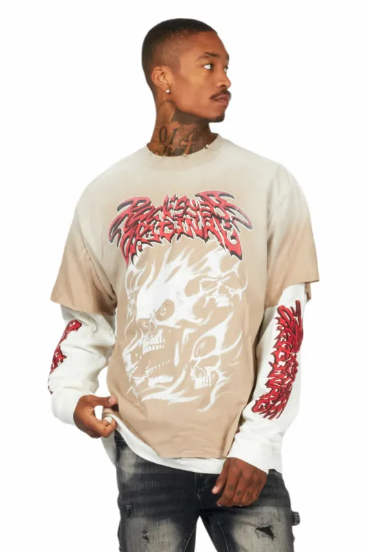 Schtupp Beige/White Double Layer Long Sleeve Graphic T-Shirt sold by Rockstar Original