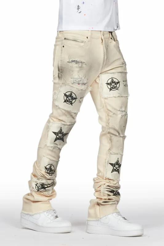 Dancho Beige Patchwork Super Stacked Flare Jean sold by Rockstar Original