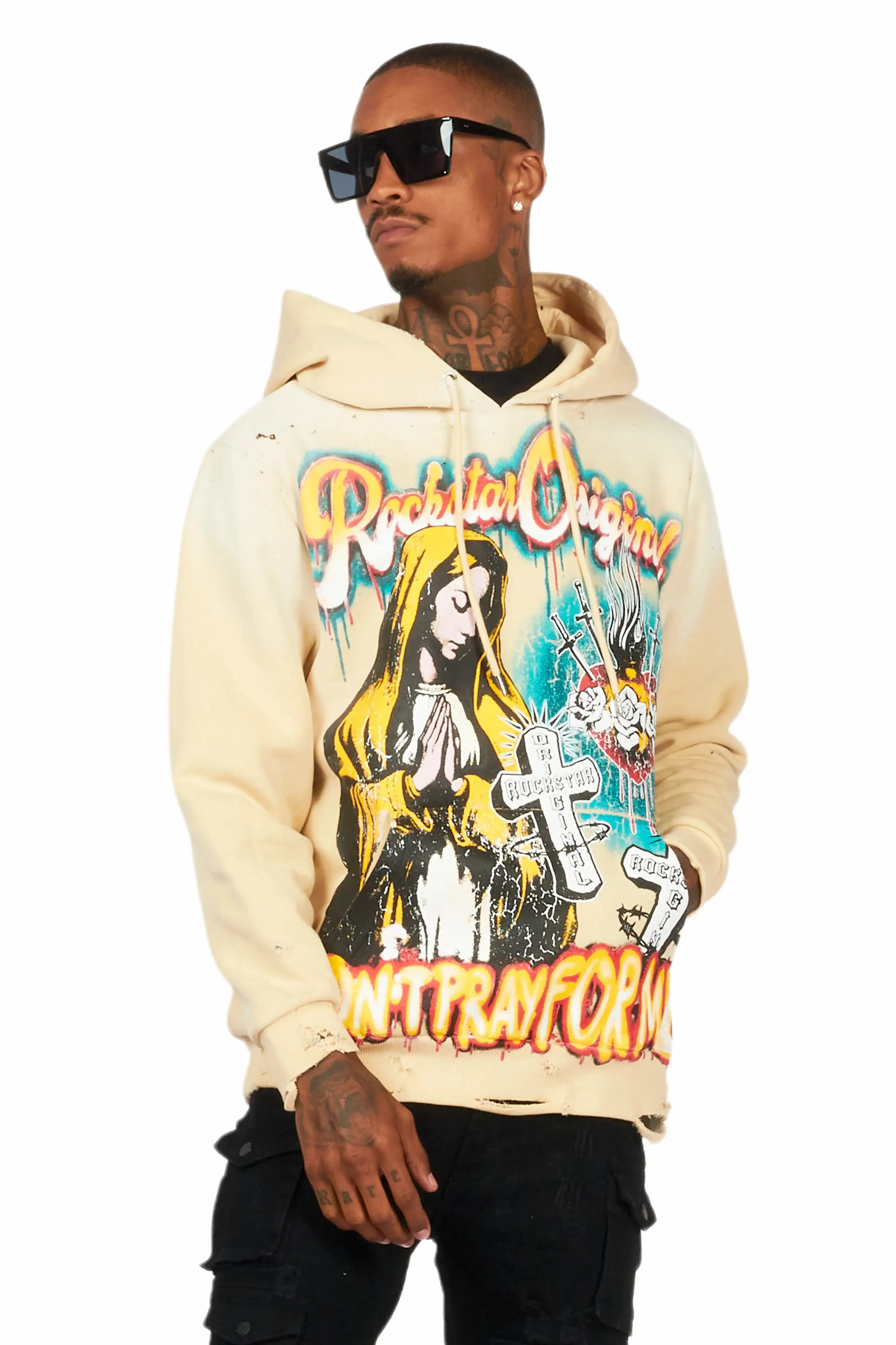 Loman Beige Distressed Graphic Hoodie sold by Rockstar Original product image thumbnail 2