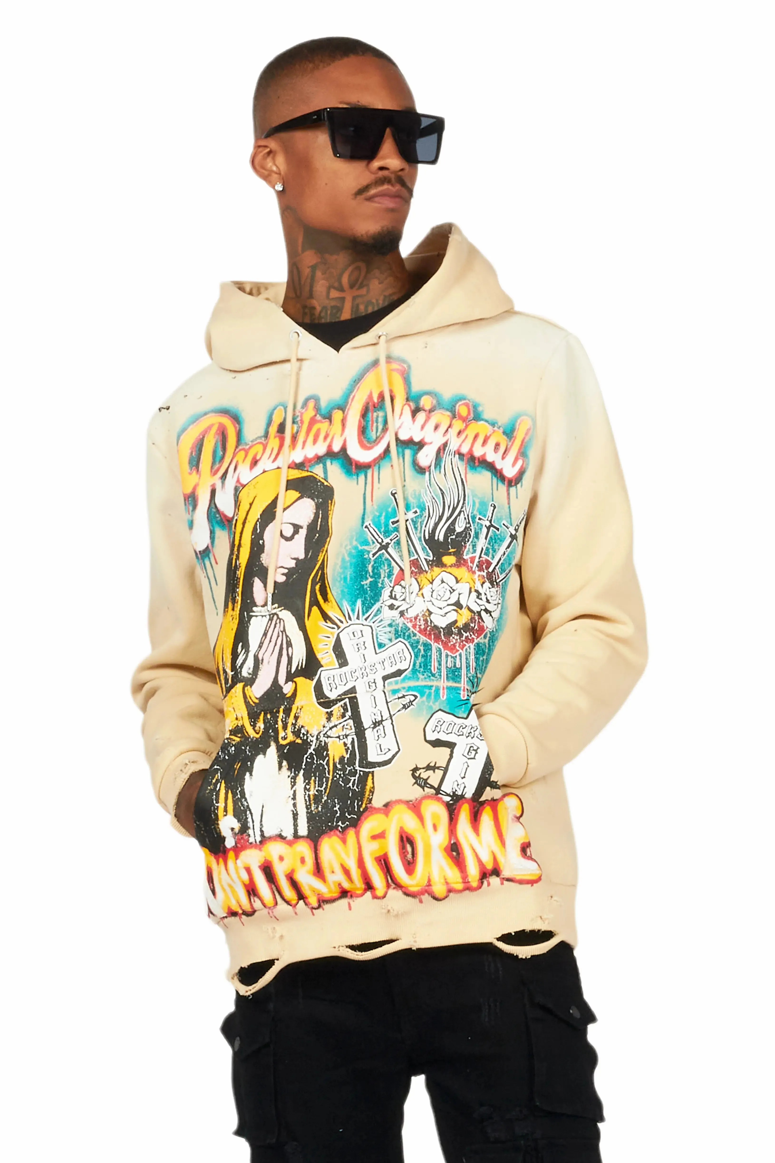 Loman Beige Distressed Graphic Hoodie sold by Rockstar Original product image thumbnail 4