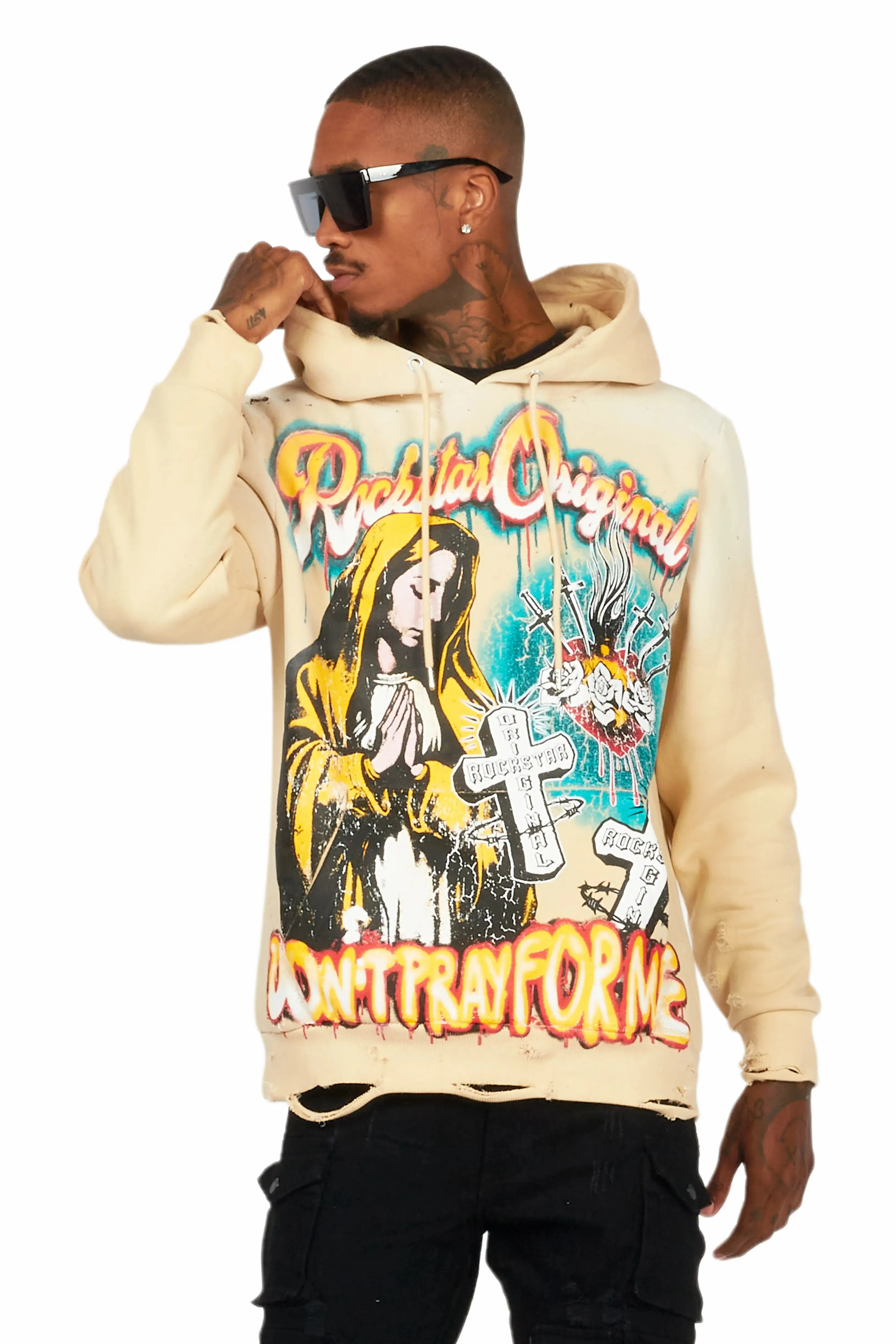 Loman Beige Distressed Graphic Hoodie sold by Rockstar Original product image thumbnail 3