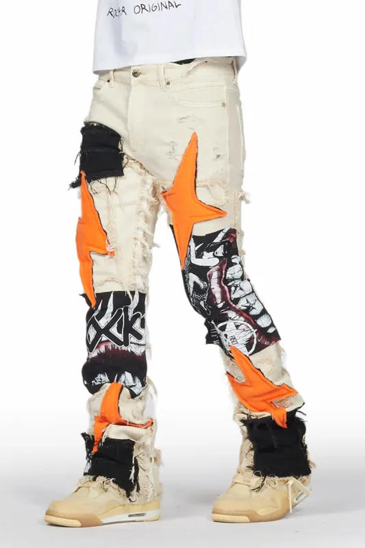 Calais Beige/Orange Patchwork Stacked Flare Jean sold by Rockstar Original