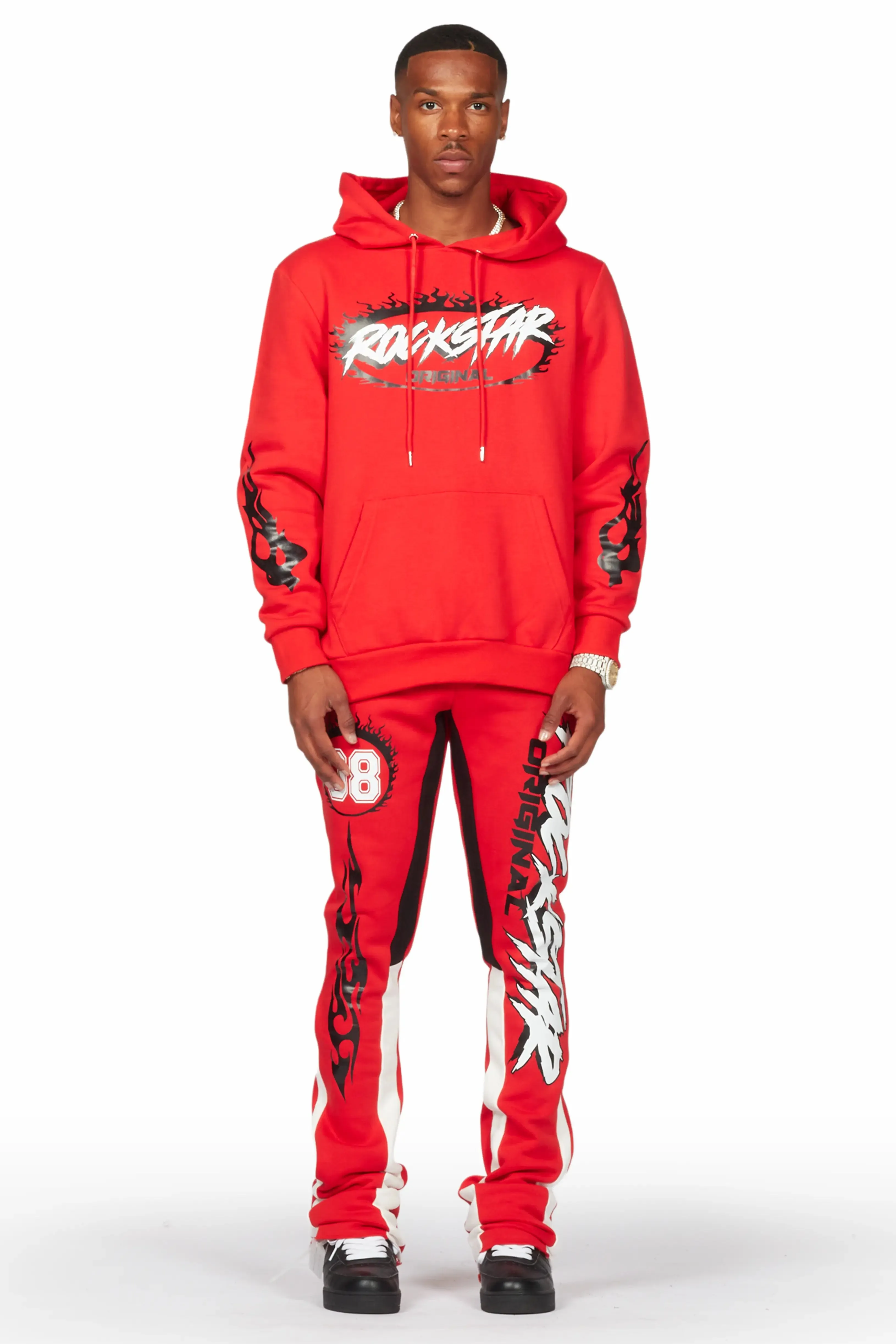 Draven Red Hoodie/Stacked Flare Track Pant Set sold by Rockstar Original