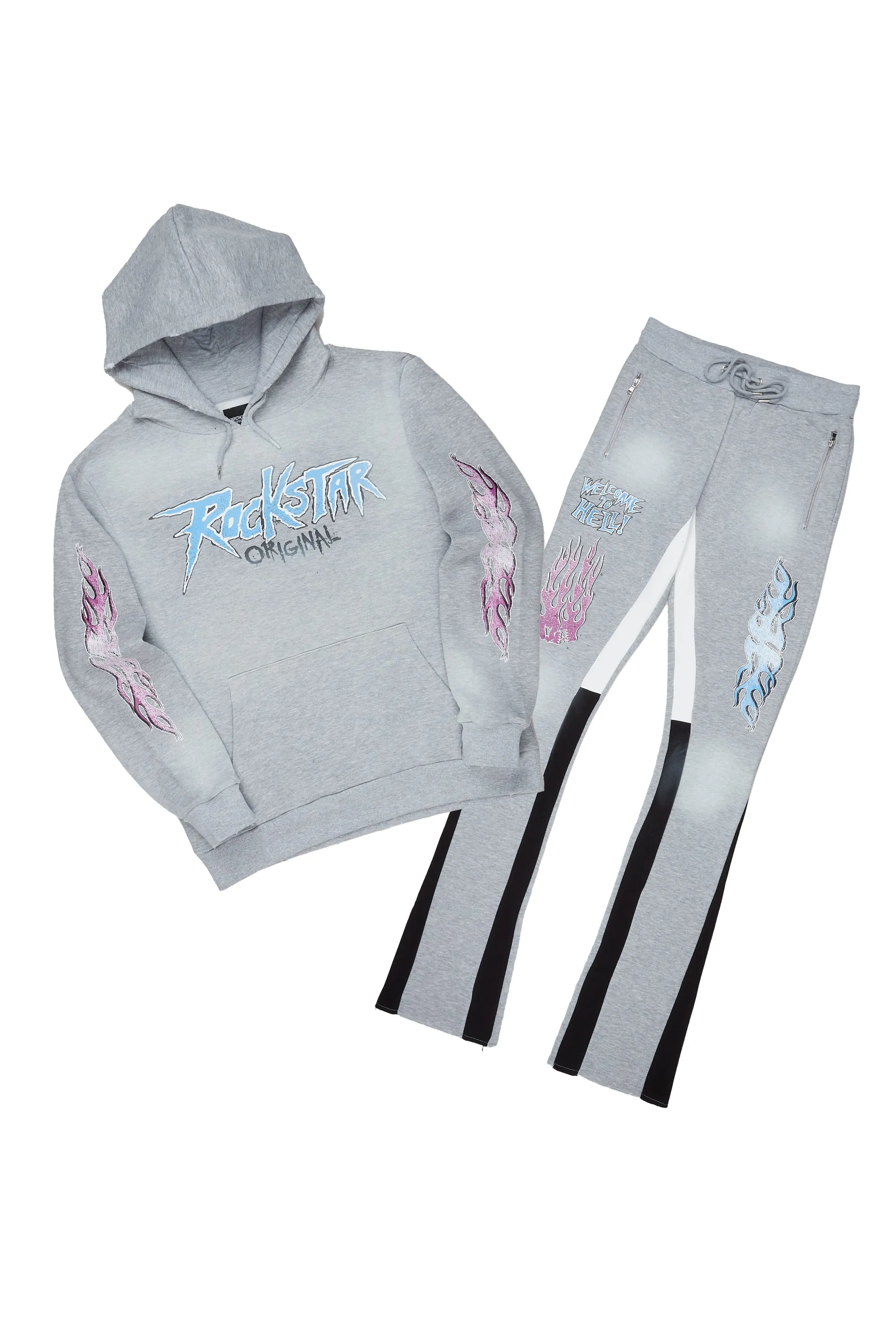 Lister Heather Grey/Black Graphic Hoodie/Stacked Flare Pant Track Set sold by Rockstar Original