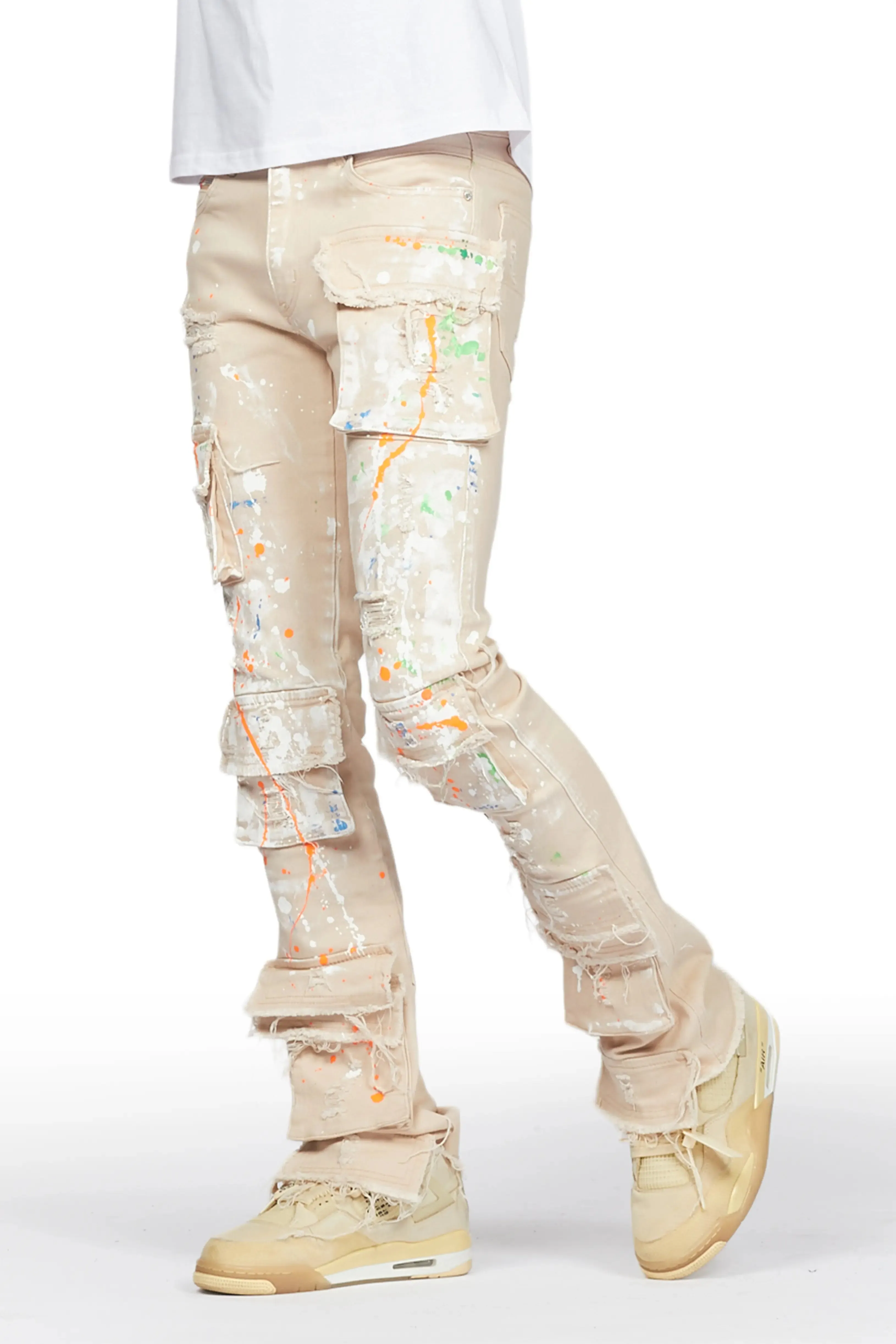 Ingo Beige Painter Stacked Flare Jean sold by Rockstar Original