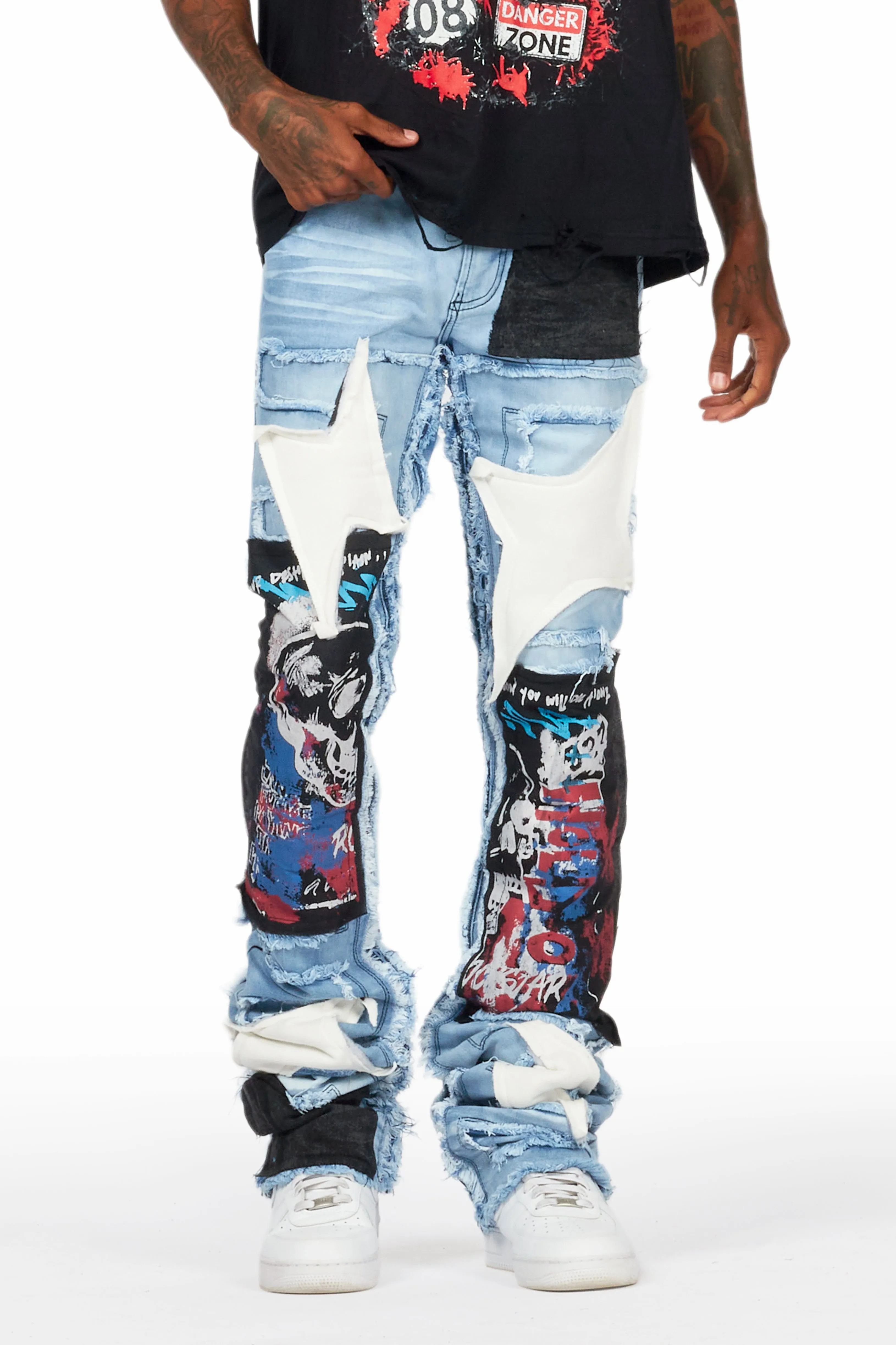 Vinson Light Blue Patchwork Super Stacked Flare Jean sold by Rockstar Original