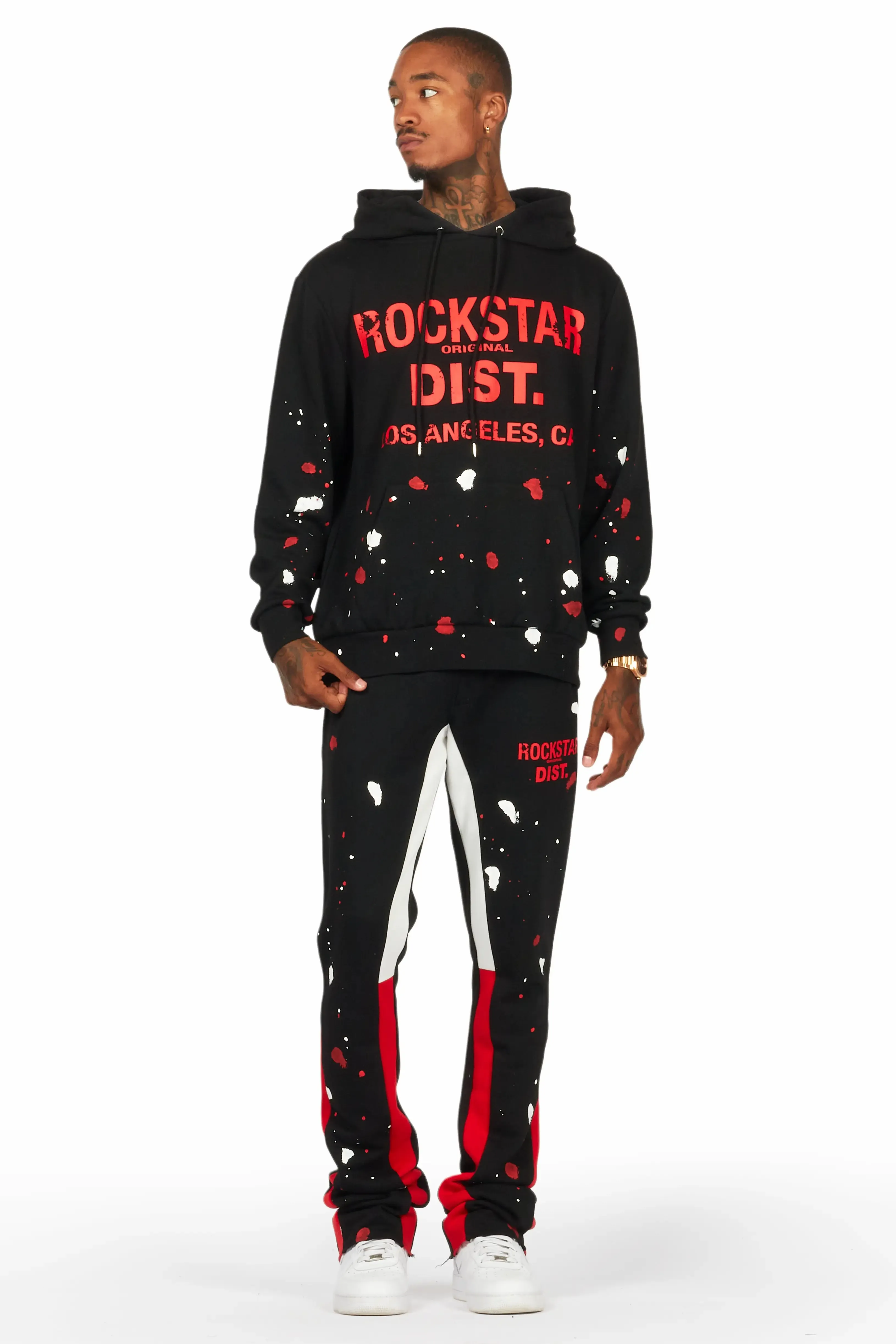 Scottie Black/Red Paint Splatter Hoodie/Stacked Flare Pant Set sold by Rockstar Original