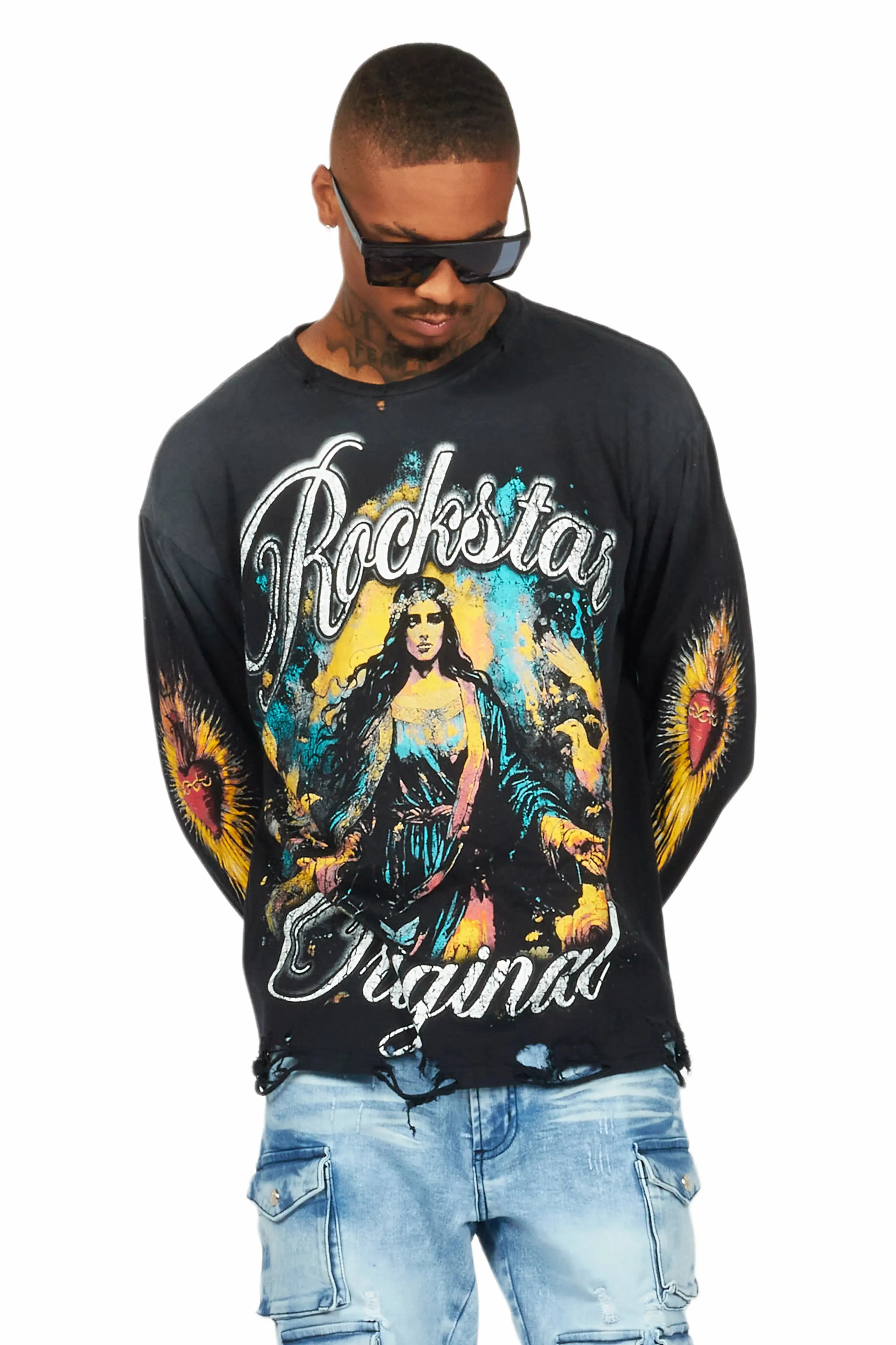 Santorini Black Long Sleeve Distressed Graphic T-Shirt sold by Rockstar Original product image thumbnail 4