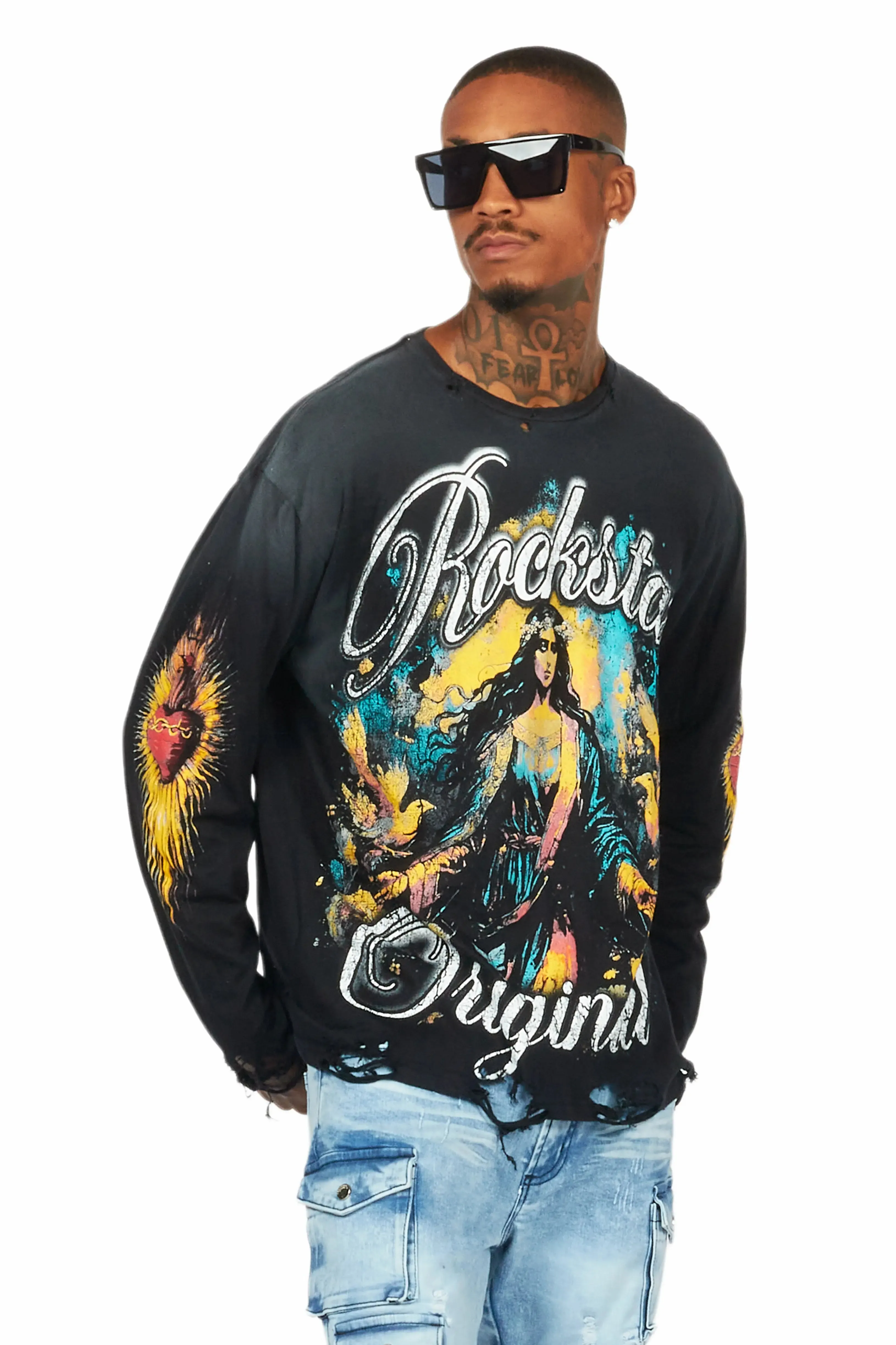 Santorini Black Long Sleeve Distressed Graphic T-Shirt sold by Rockstar Original product image thumbnail 3