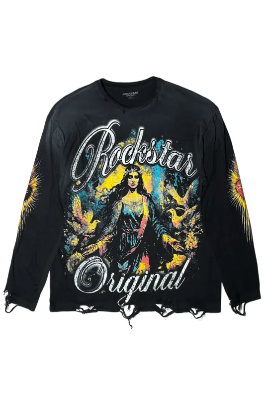 Santorini Black Long Sleeve Distressed Graphic T-Shirt sold by Rockstar Original