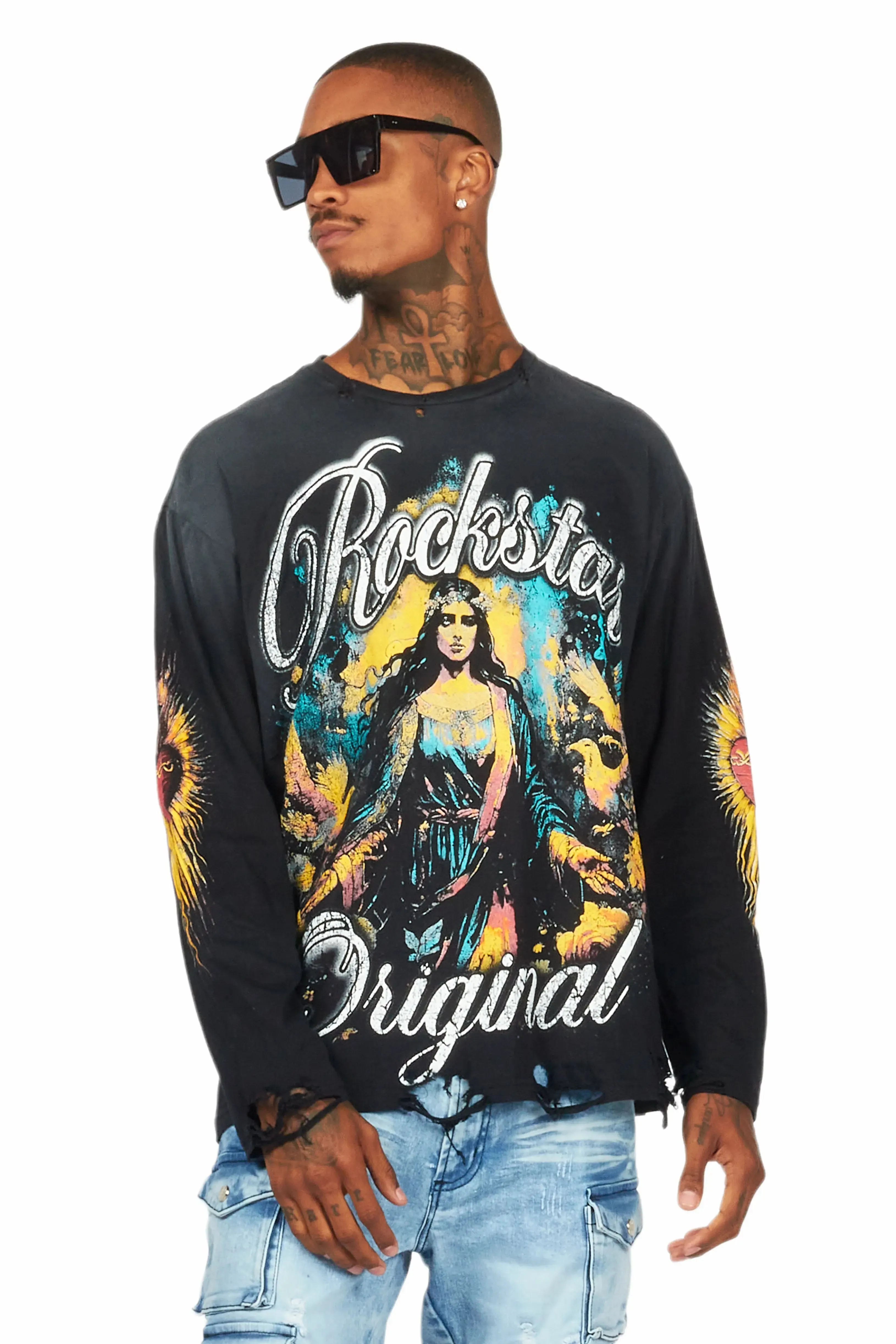 Santorini Black Long Sleeve Distressed Graphic T-Shirt sold by Rockstar Original product image thumbnail 2