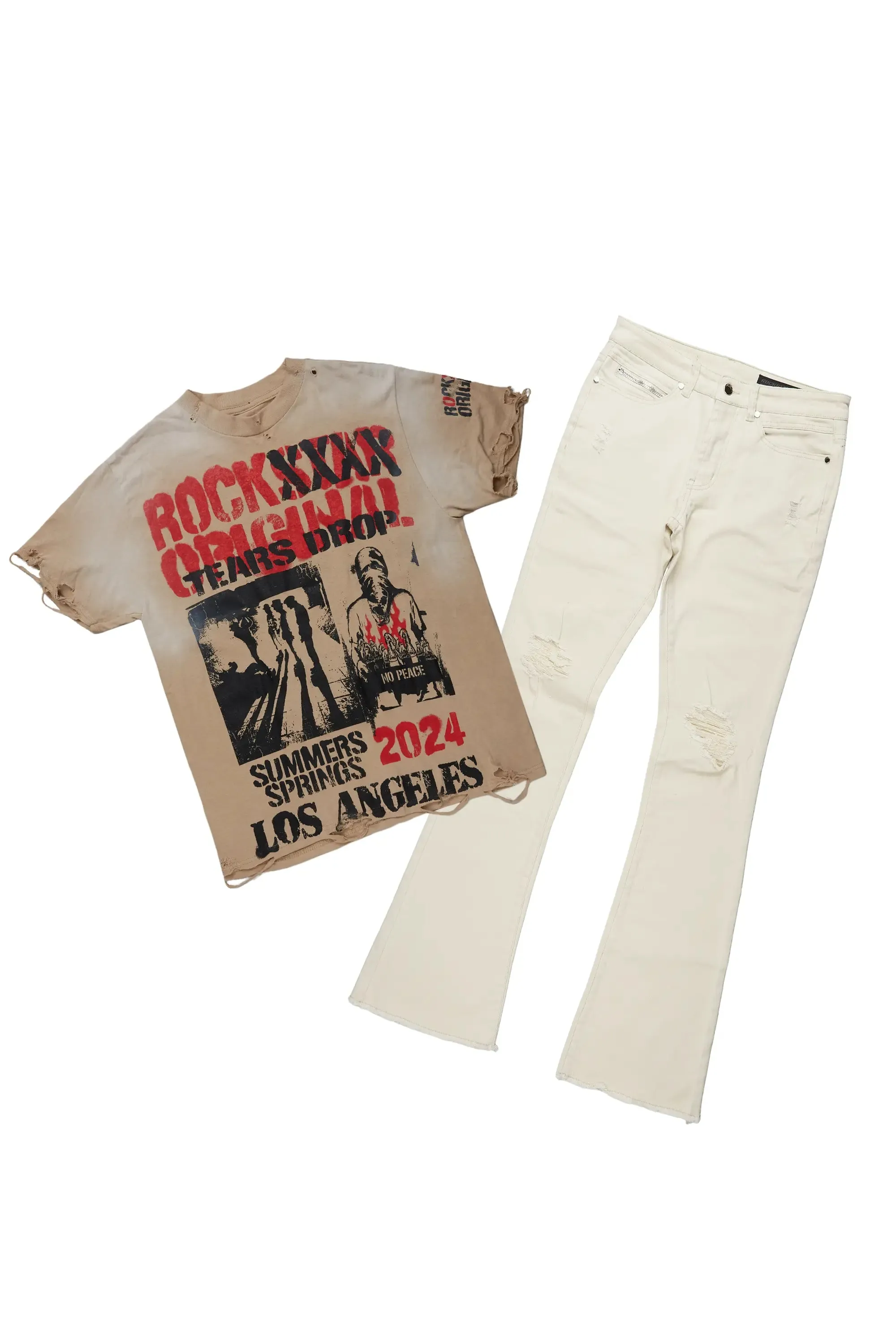 Omer Beige Oversized T-Shirt & Rebel Stacked Flare Jean Bundle sold by Rockstar Original