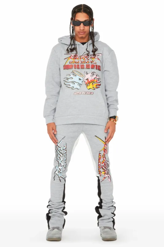 Sky Heather Grey Graphic Hoodie/ Super Stacked Pants Track Set sold by Rockstar Original