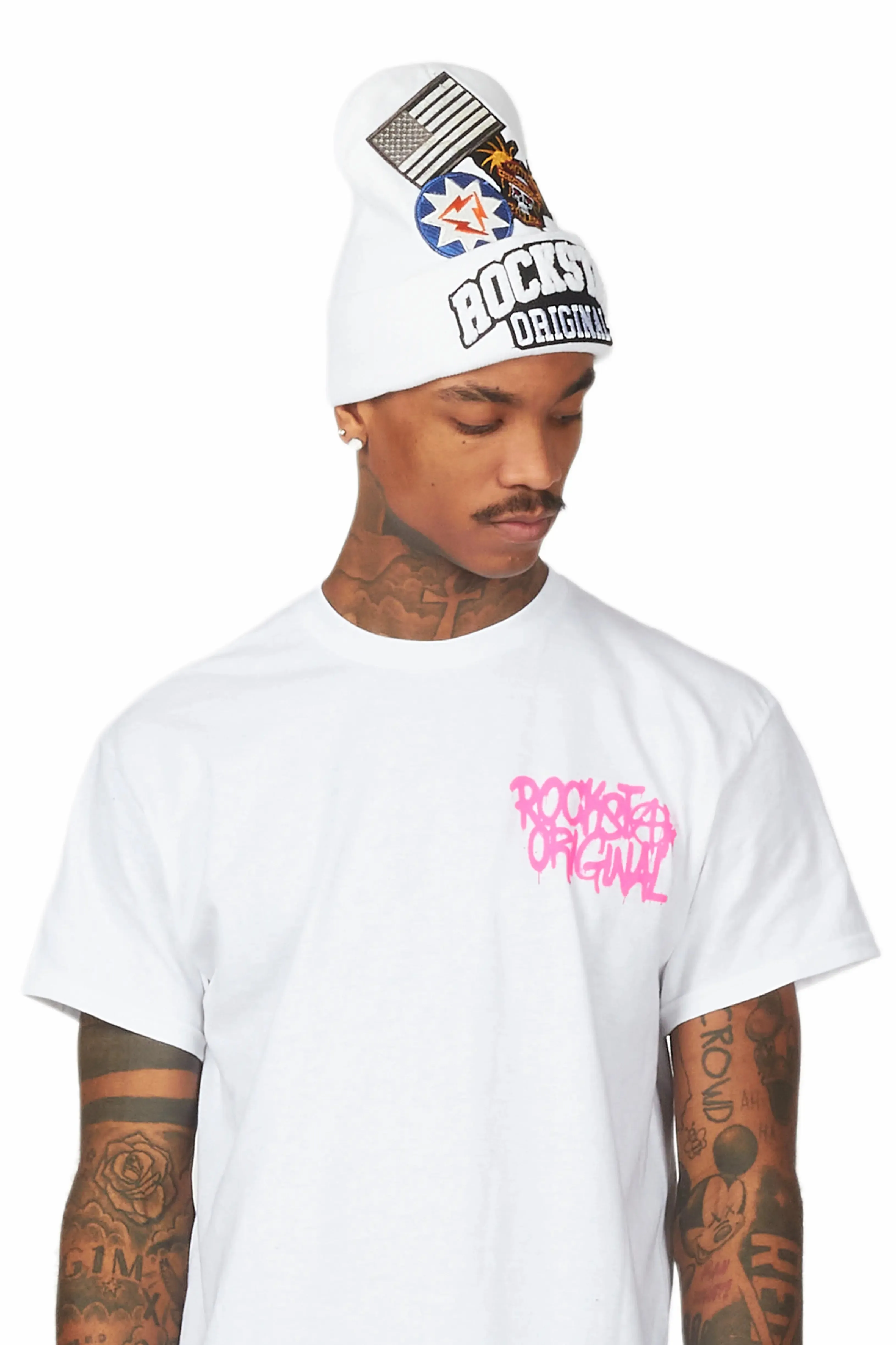 Egan White Patchwork Beanie sold by Rockstar Original product image thumbnail 3