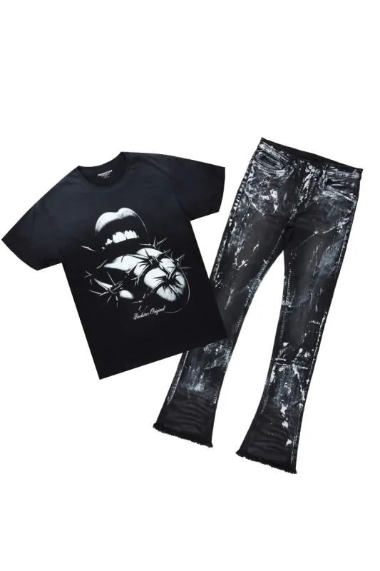 Schmear Black T-Shirt/Stacked Flare Jean Set sold by Rockstar Original