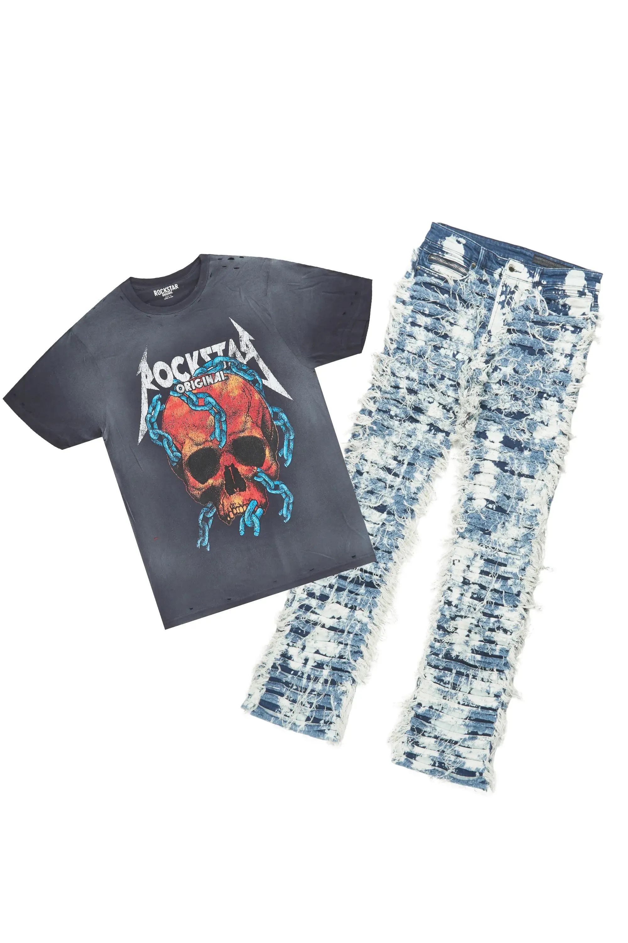 Clester Navy T-Shirt & Bossko Blue Stacked Flare Jean Bundle sold by Rockstar Original