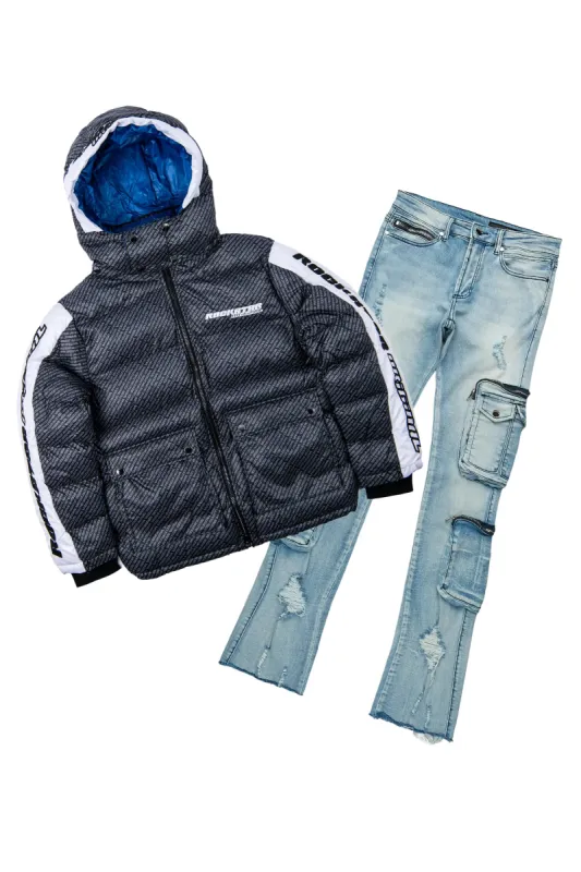 Bryson Puffer Black & Sutton Blue Super Stacked Flare Jean Bundle sold by Rockstar Original