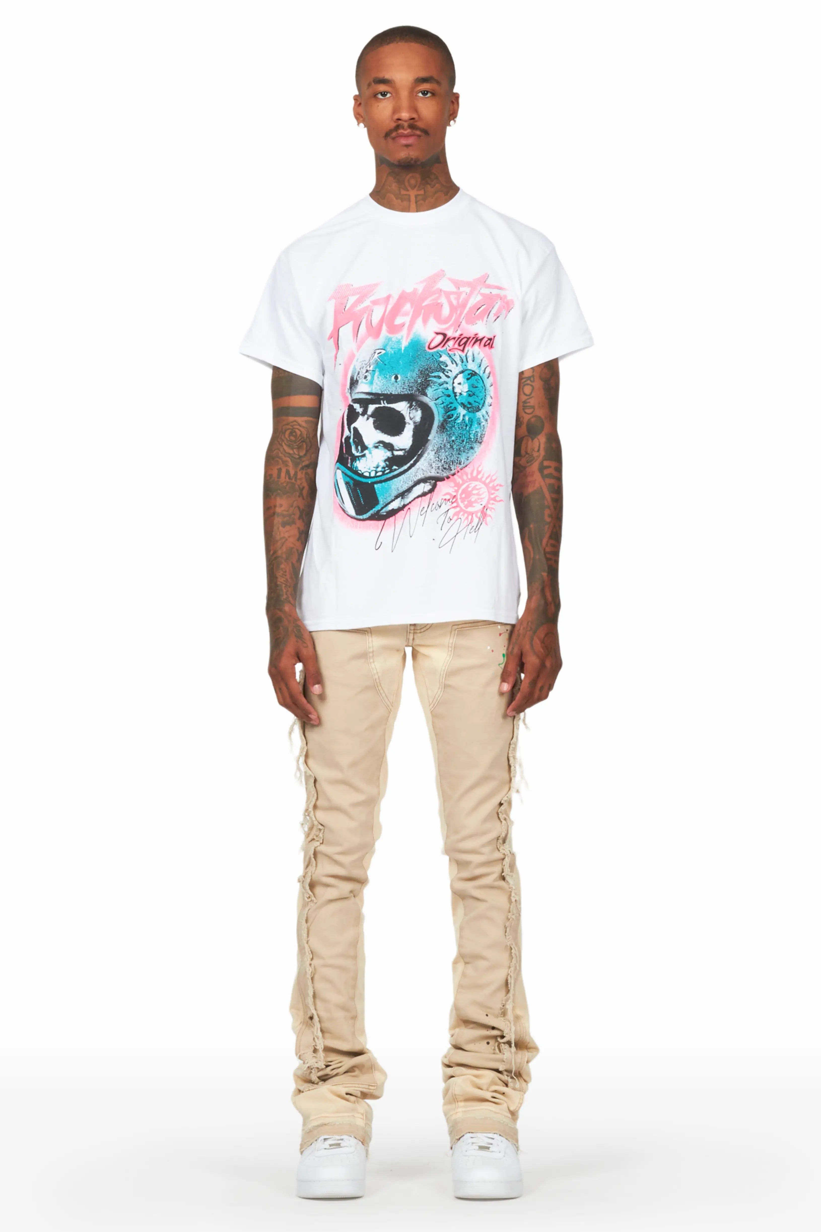 Ciro White T-Shirt & Carson Beige Super Stacked Flare Jean sold by Rockstar Original product image thumbnail 2