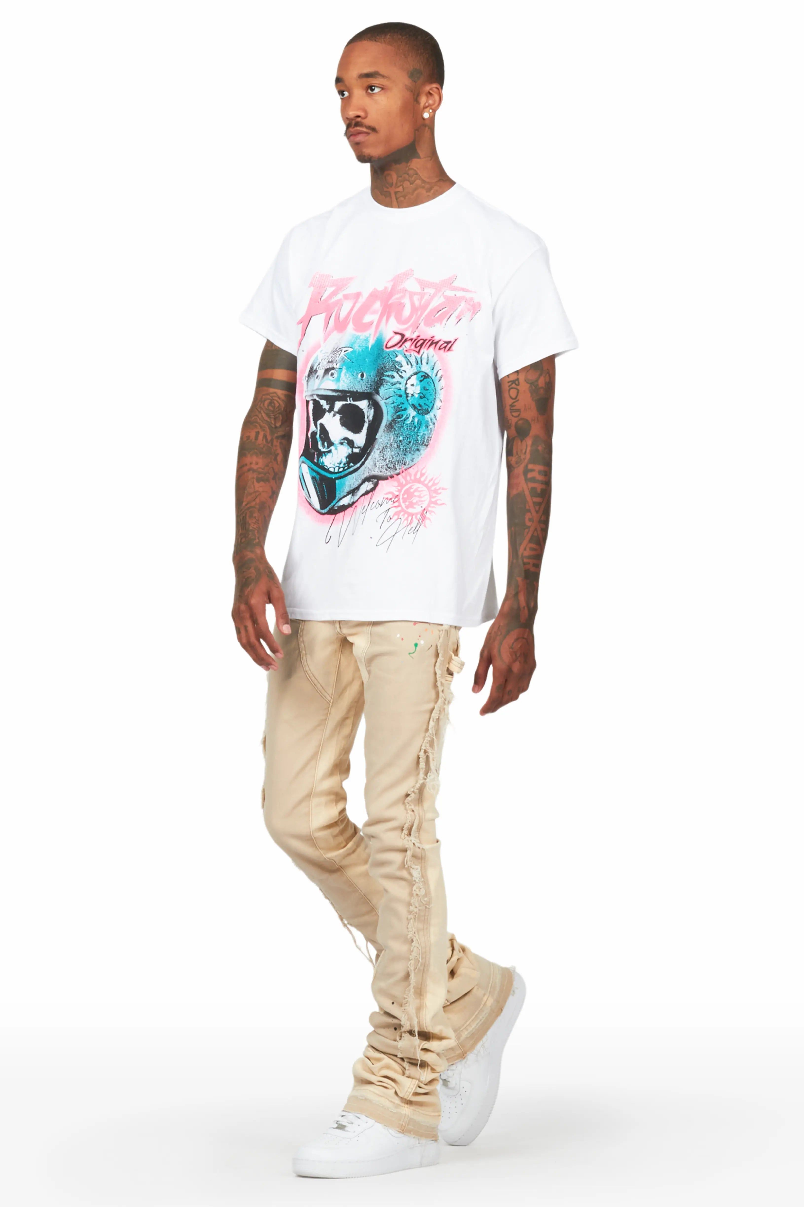 Ciro White T-Shirt & Carson Beige Super Stacked Flare Jean sold by Rockstar Original product image thumbnail 5
