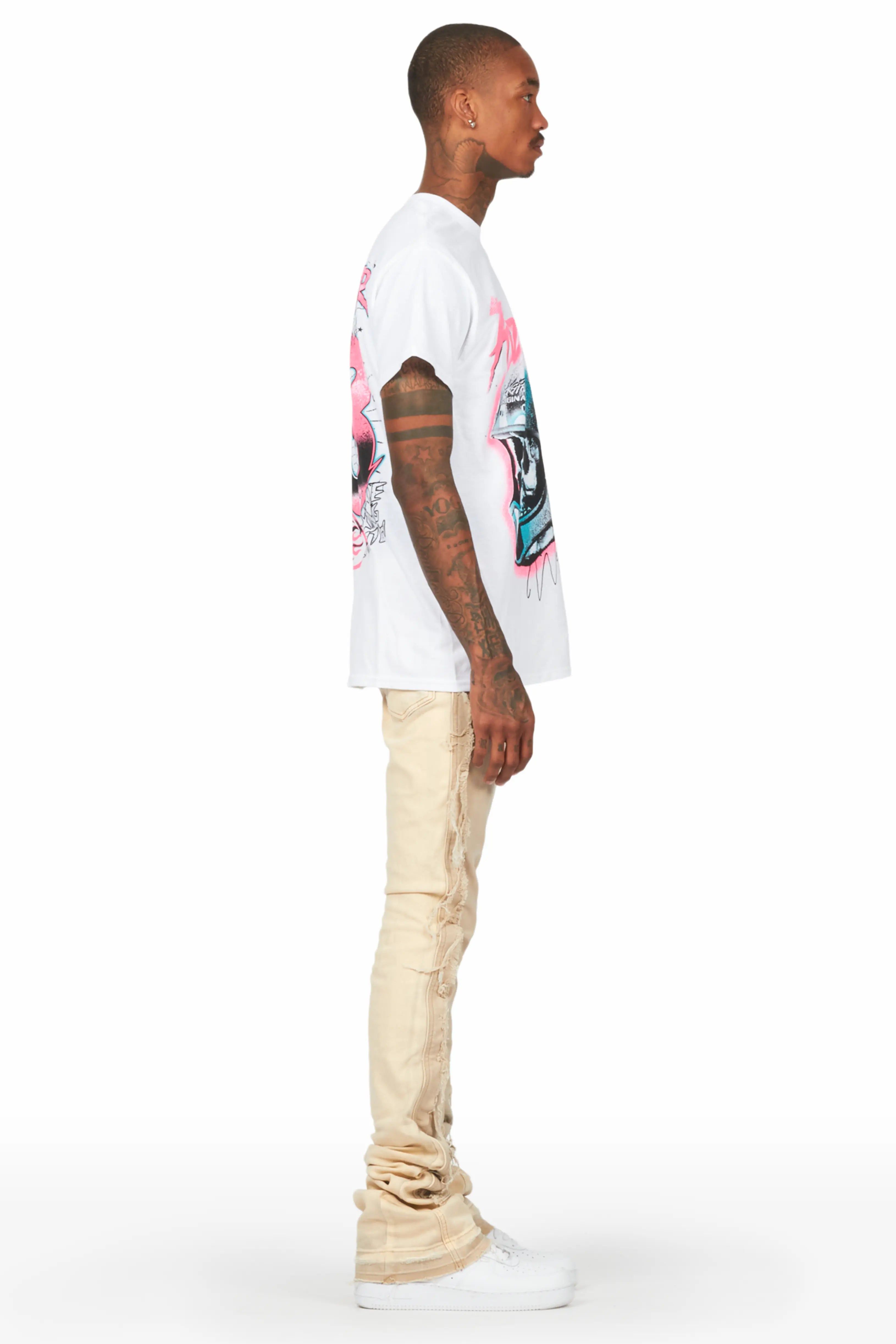Ciro White T-Shirt & Carson Beige Super Stacked Flare Jean sold by Rockstar Original product image thumbnail 3