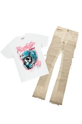 Ciro White T-Shirt & Carson Beige Super Stacked Flare Jean sold by Rockstar Original