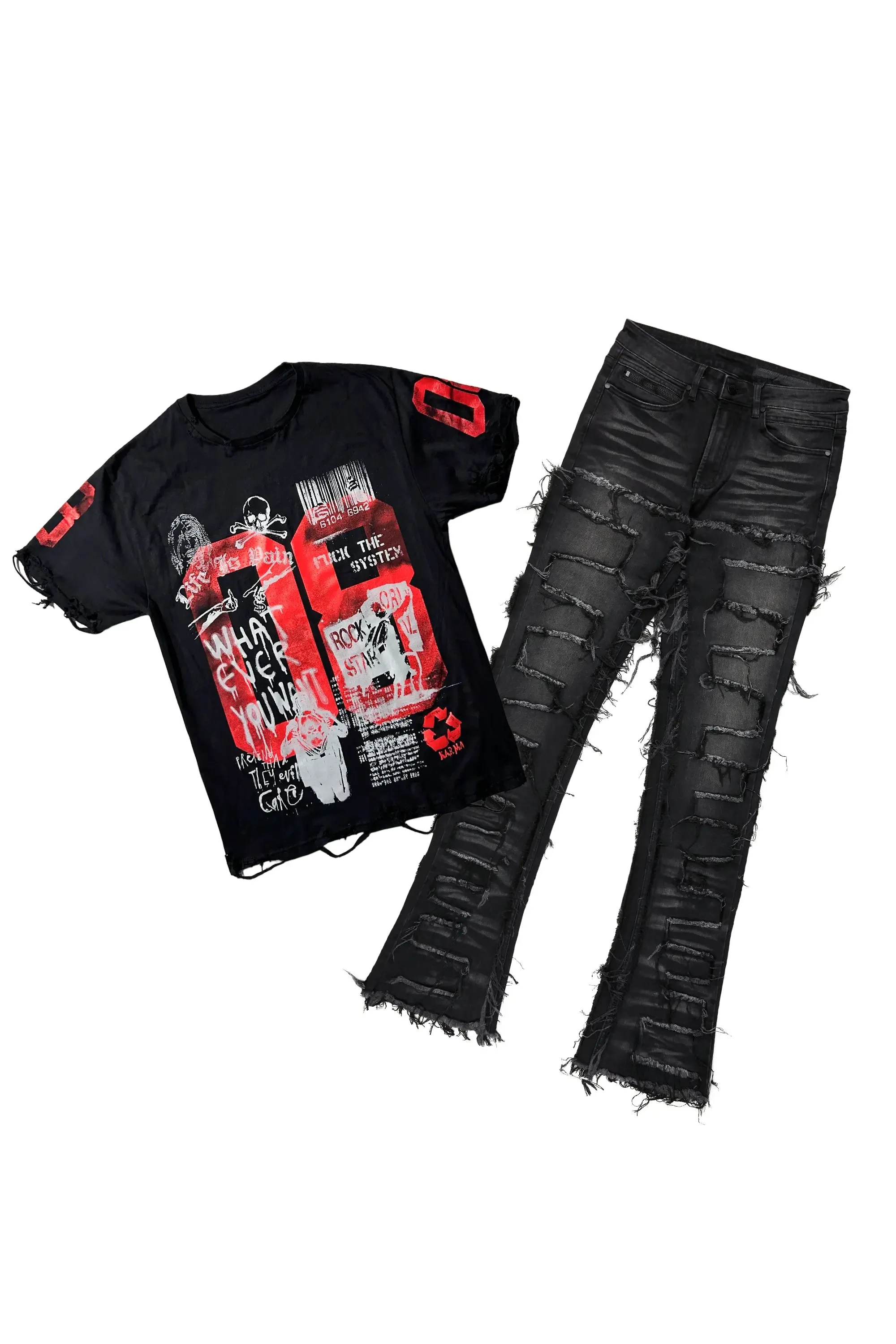 Grill Black Oversized T-Shirt & Shake Stacked Flare Jean Bundle sold by Rockstar Original