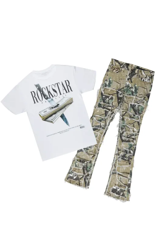 Dayte Nite White T-Shirt & Shake Tree Camo Stacked Flare Jean sold by Rockstar Original