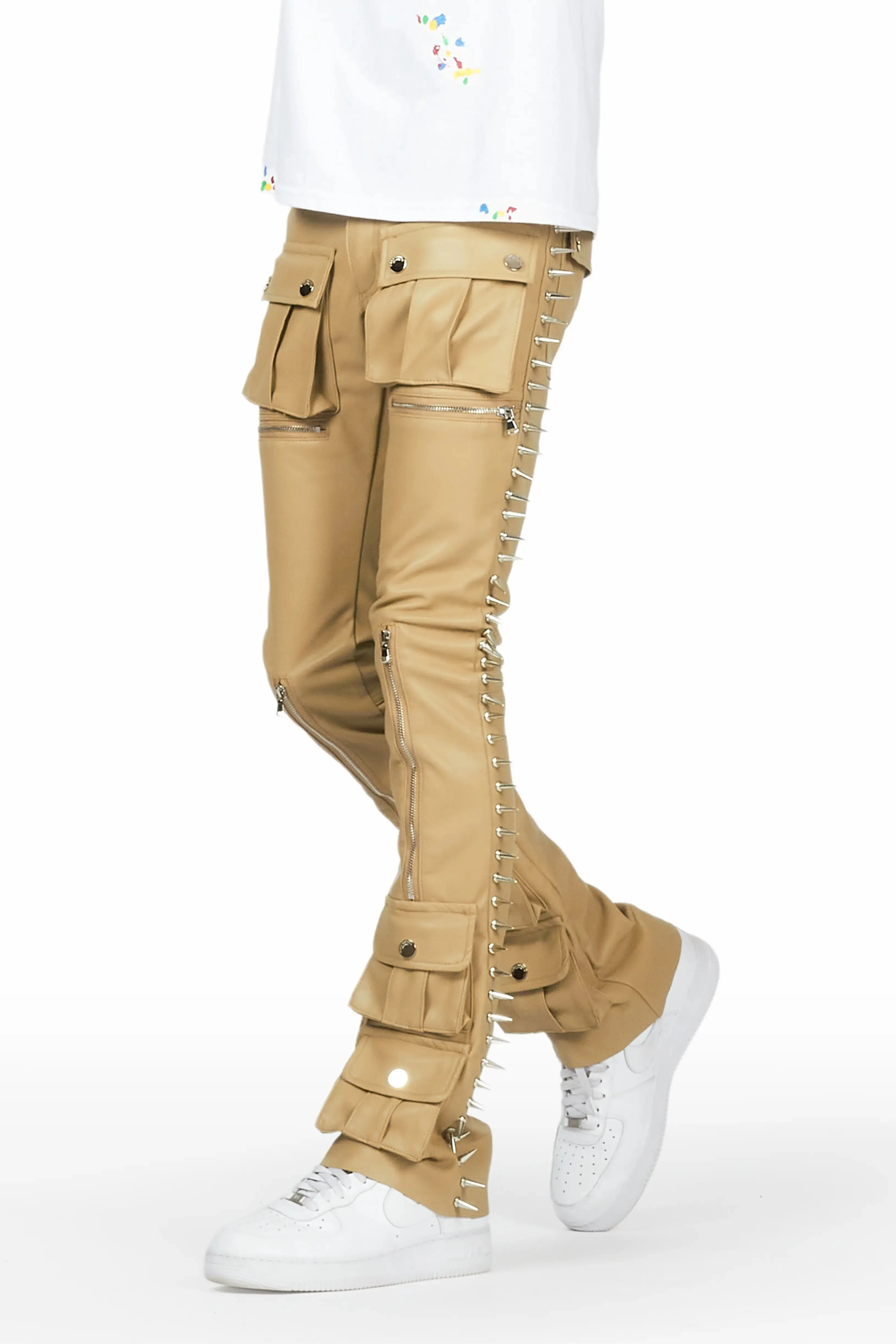 Leopold Beige PU Stacked Flare Jean sold by Rockstar Original