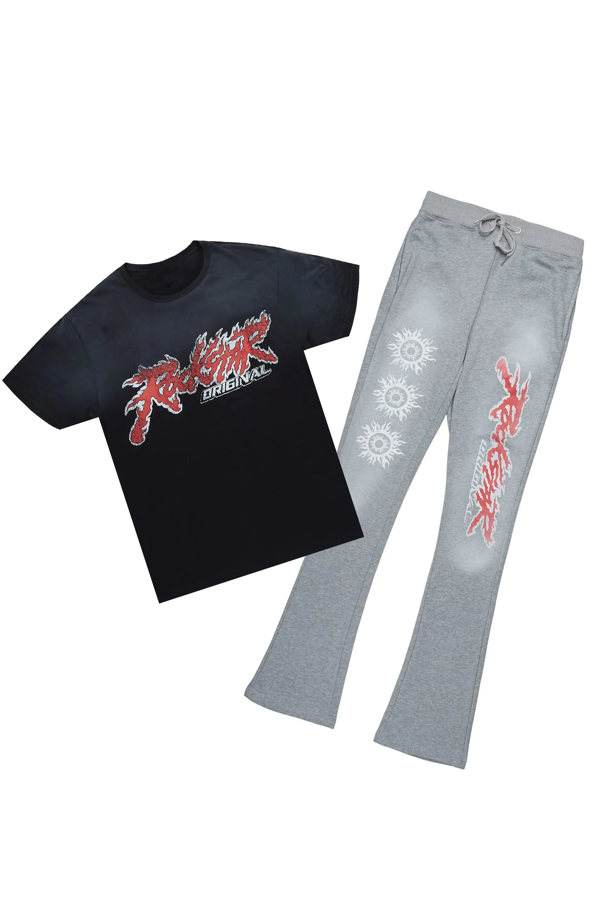 Yash Black/Grey T-Shirt/Stacked Flare Track Pant Set sold by Rockstar Original