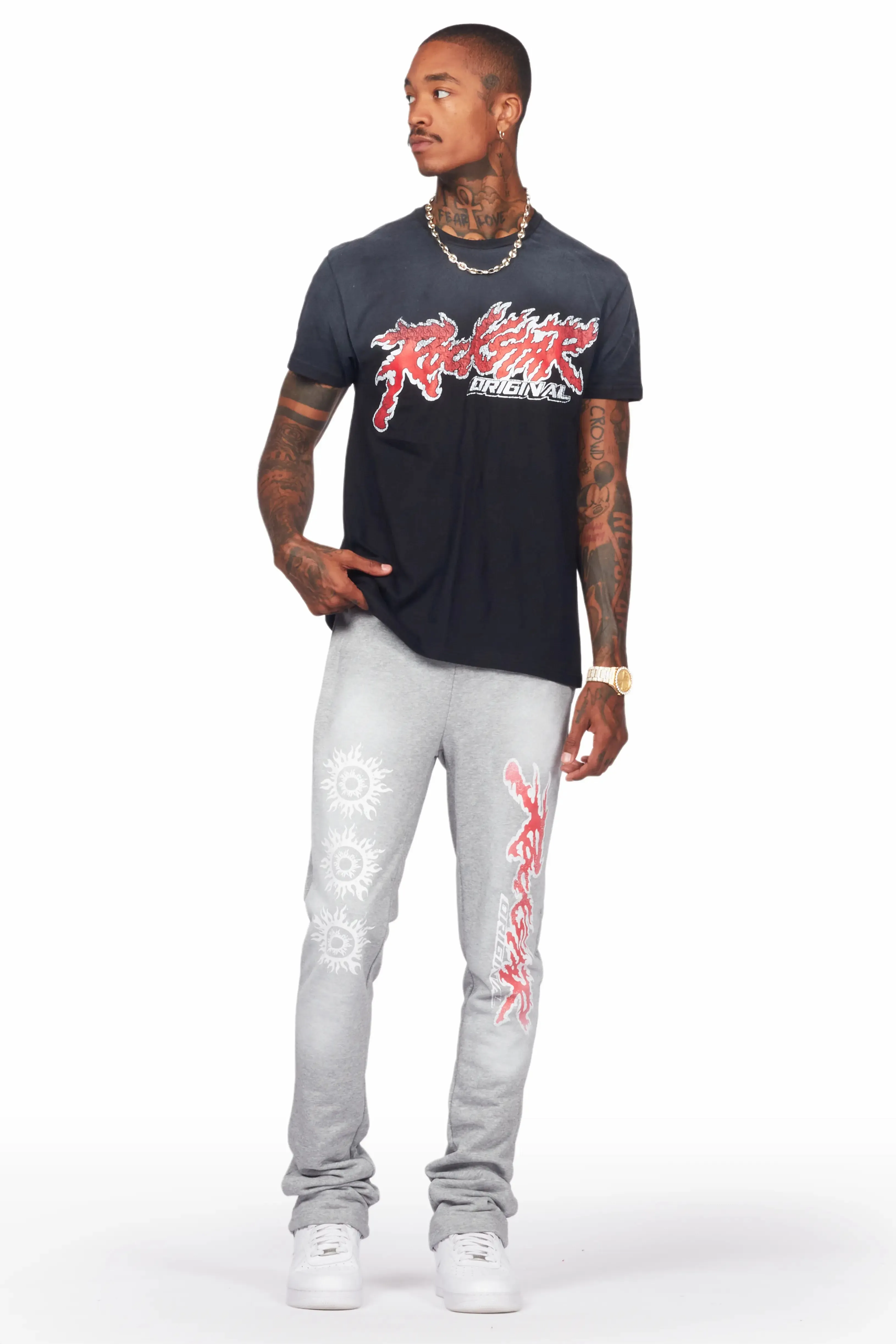 Yash Black/Grey T-Shirt/Stacked Flare Track Pant Set sold by Rockstar Original product image thumbnail 2