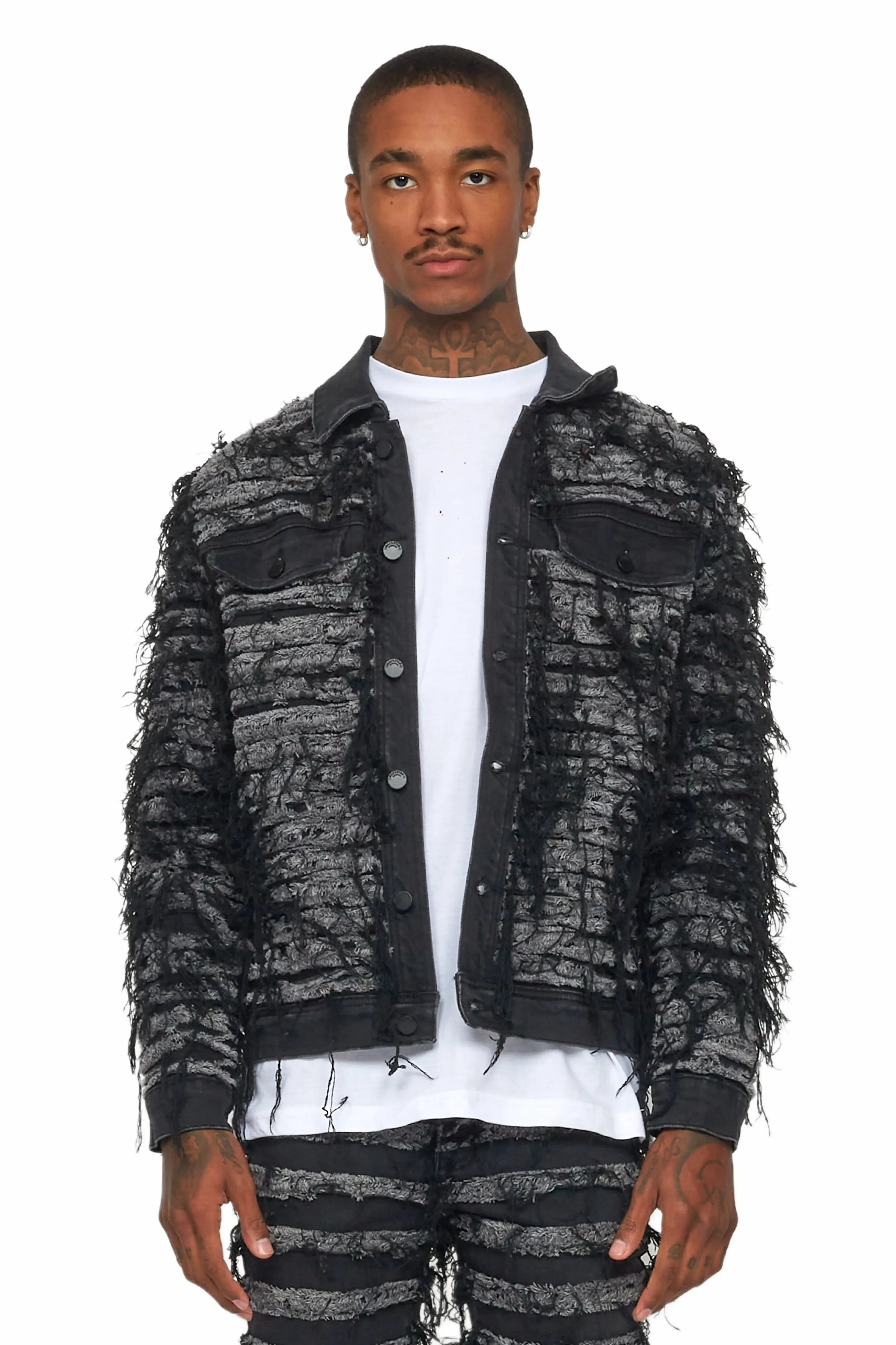 Ayan Dark Grey Distressed Denim Jacket sold by Rockstar Original