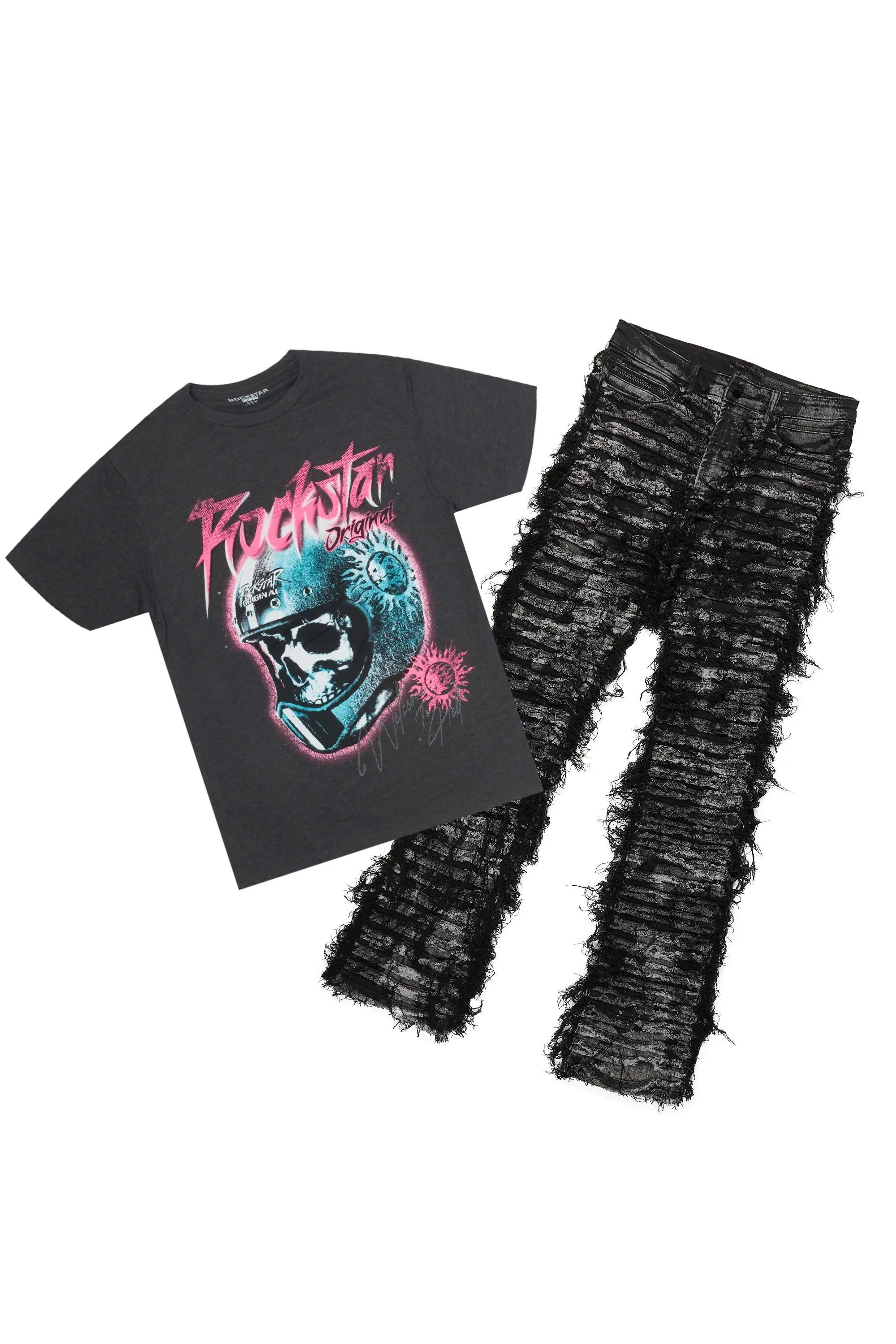 Ciro Charcoal T-Shirt & Bossko Black Stacked Flare Jean Bundle sold by Rockstar Original