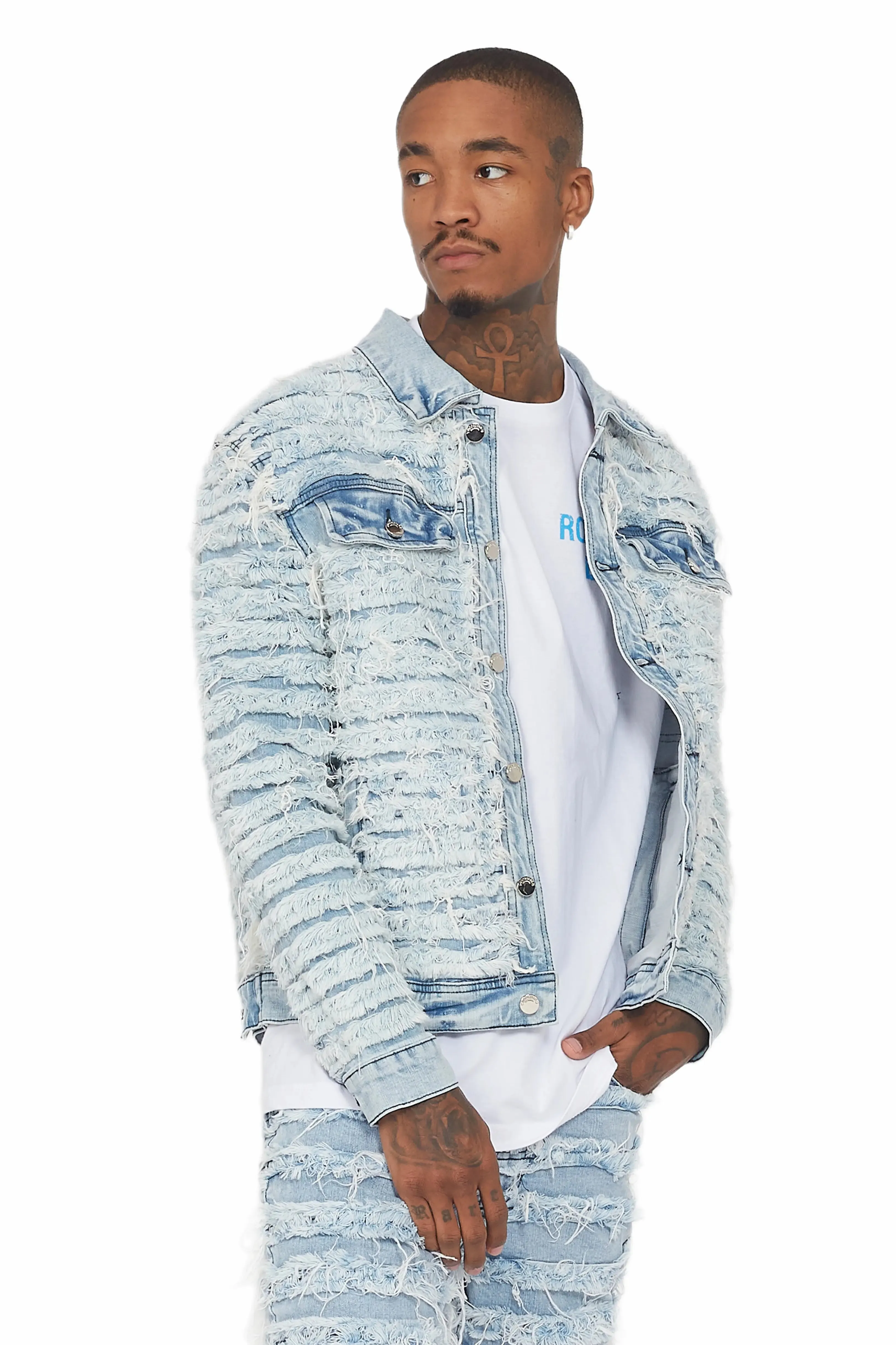 Ayan Blue Distressed Denim Jacket sold by Rockstar Original product image thumbnail 3