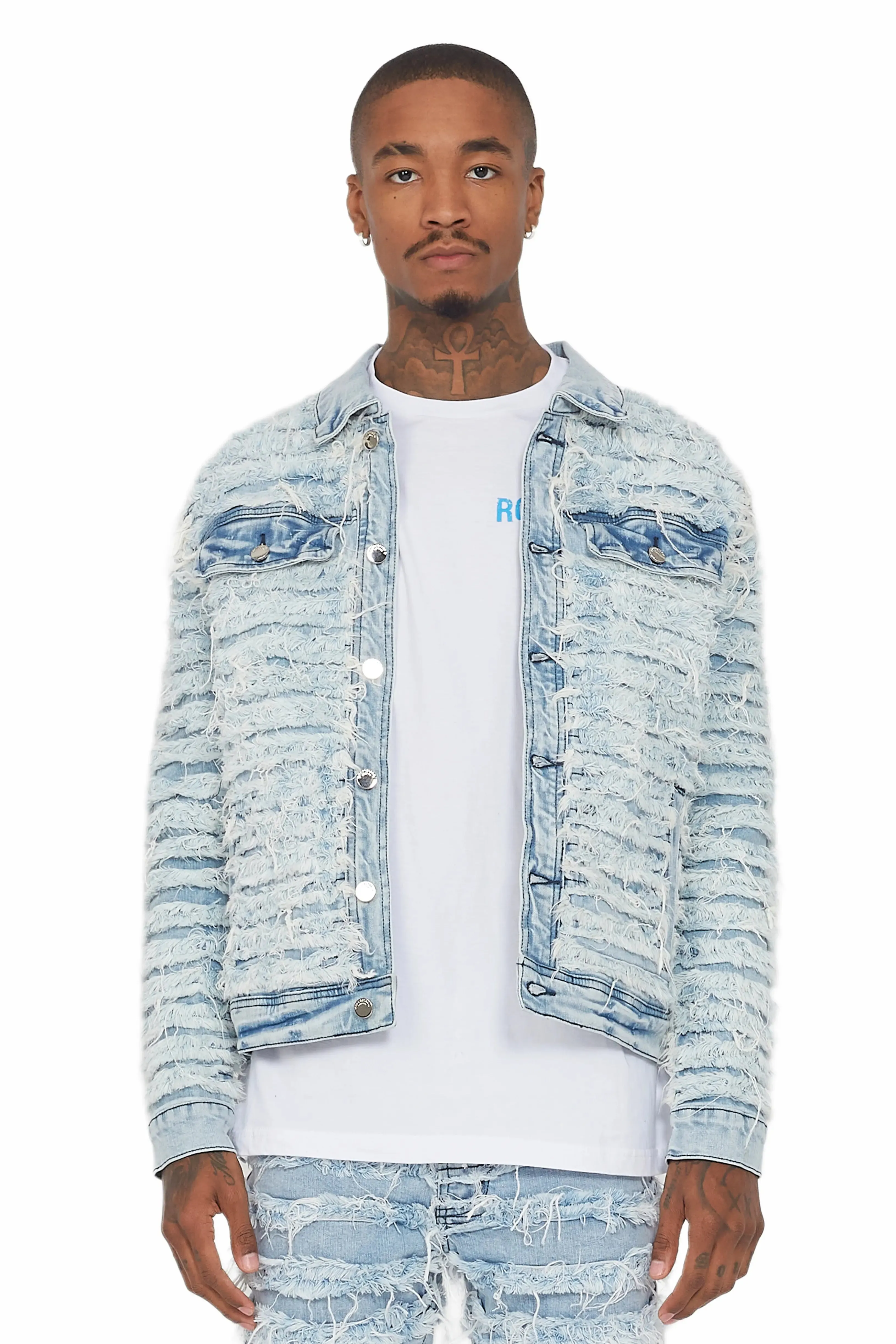 Ayan Blue Distressed Denim Jacket sold by Rockstar Original