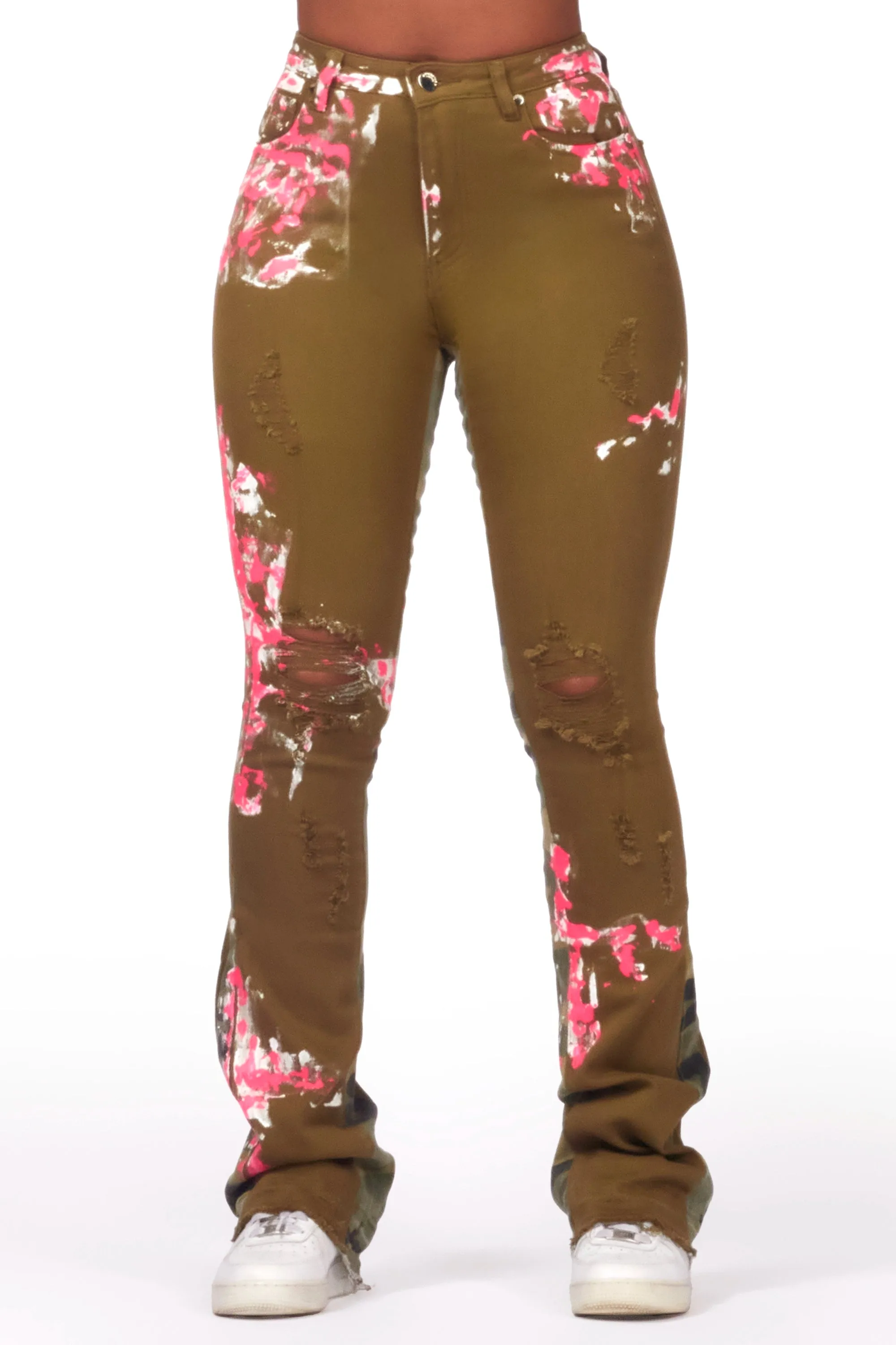 Curtia Olive Painted Stacked Flare Jean sold by Rockstar Original