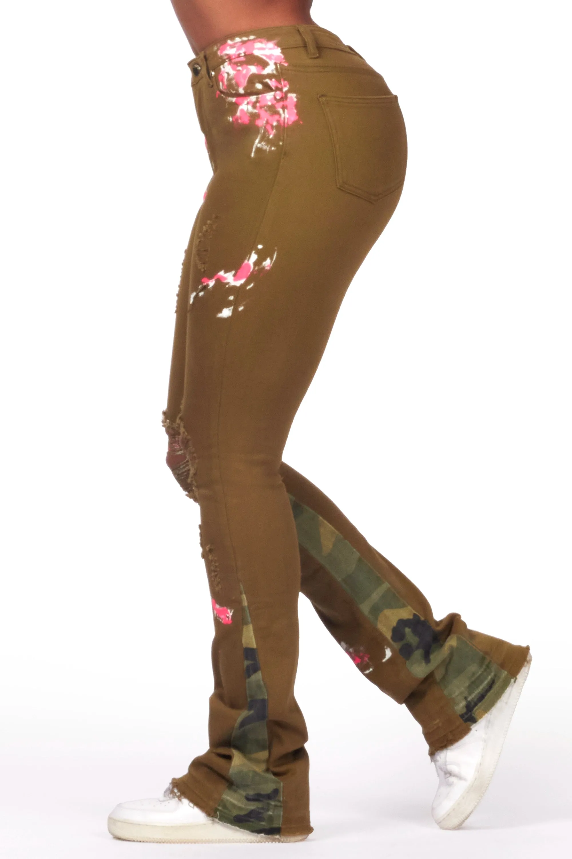 Curtia Olive Painted Stacked Flare Jean sold by Rockstar Original product image thumbnail 4