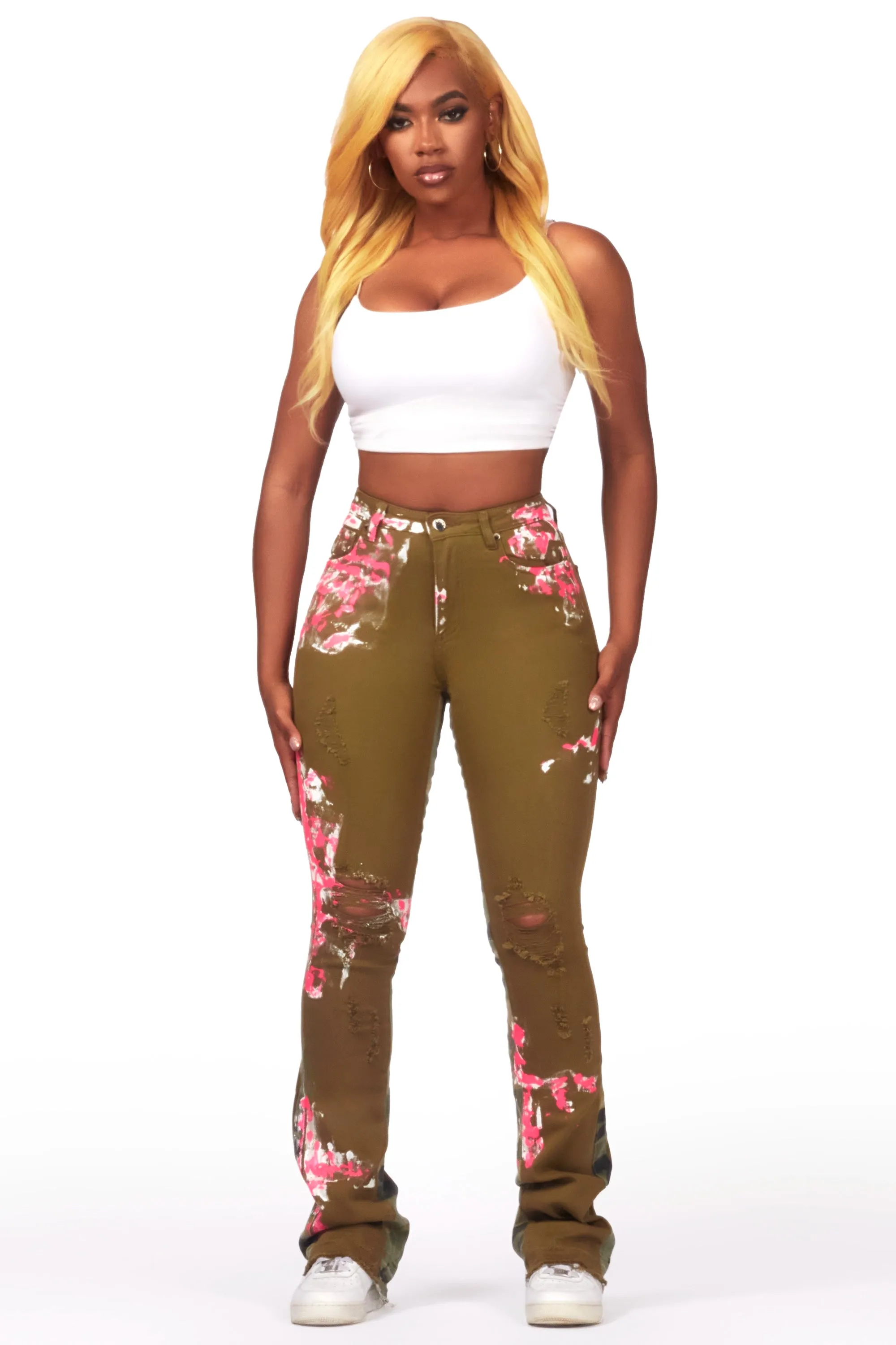 Curtia Olive Painted Stacked Flare Jean sold by Rockstar Original product image thumbnail 2