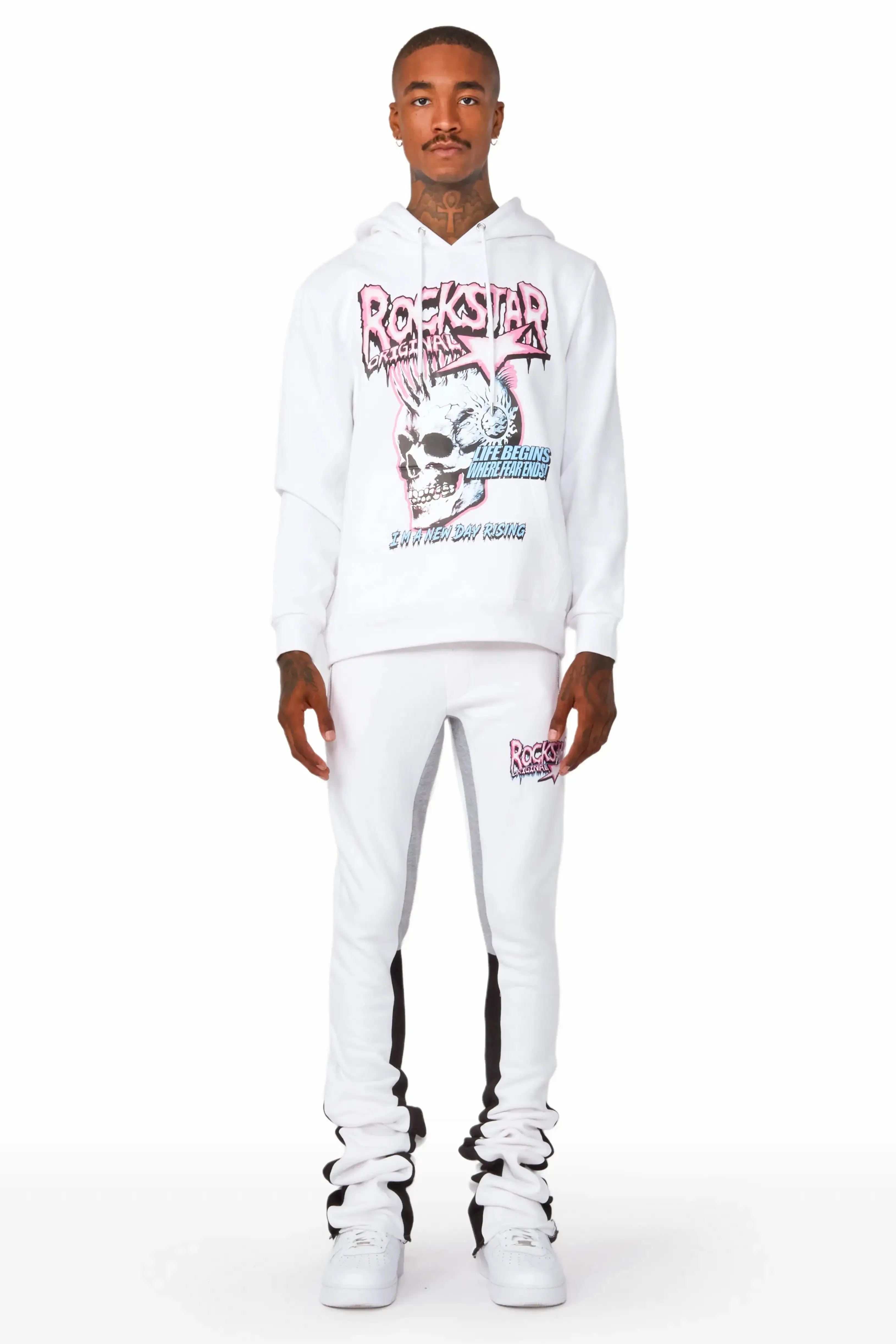 Gage White Hoodie/Super Stacked Flare Pant Track Set sold by Rockstar Original