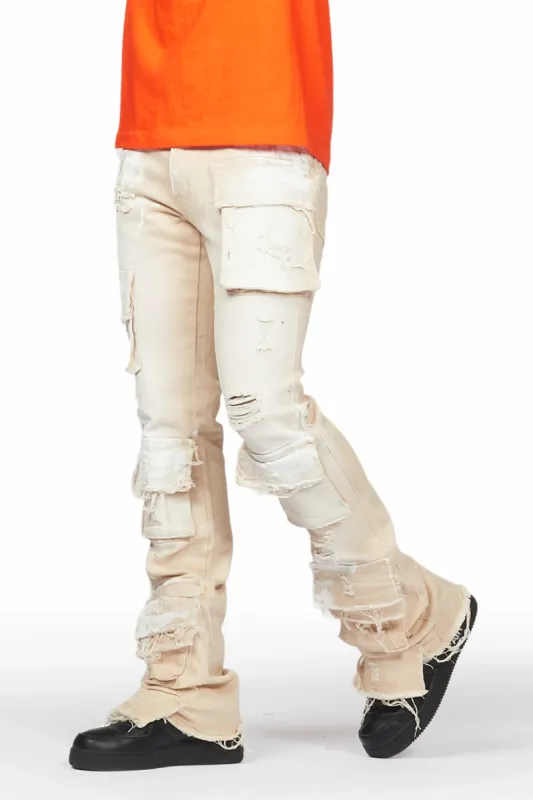 Faxon Beige Painter Stacked Flare Jean sold by Rockstar Original