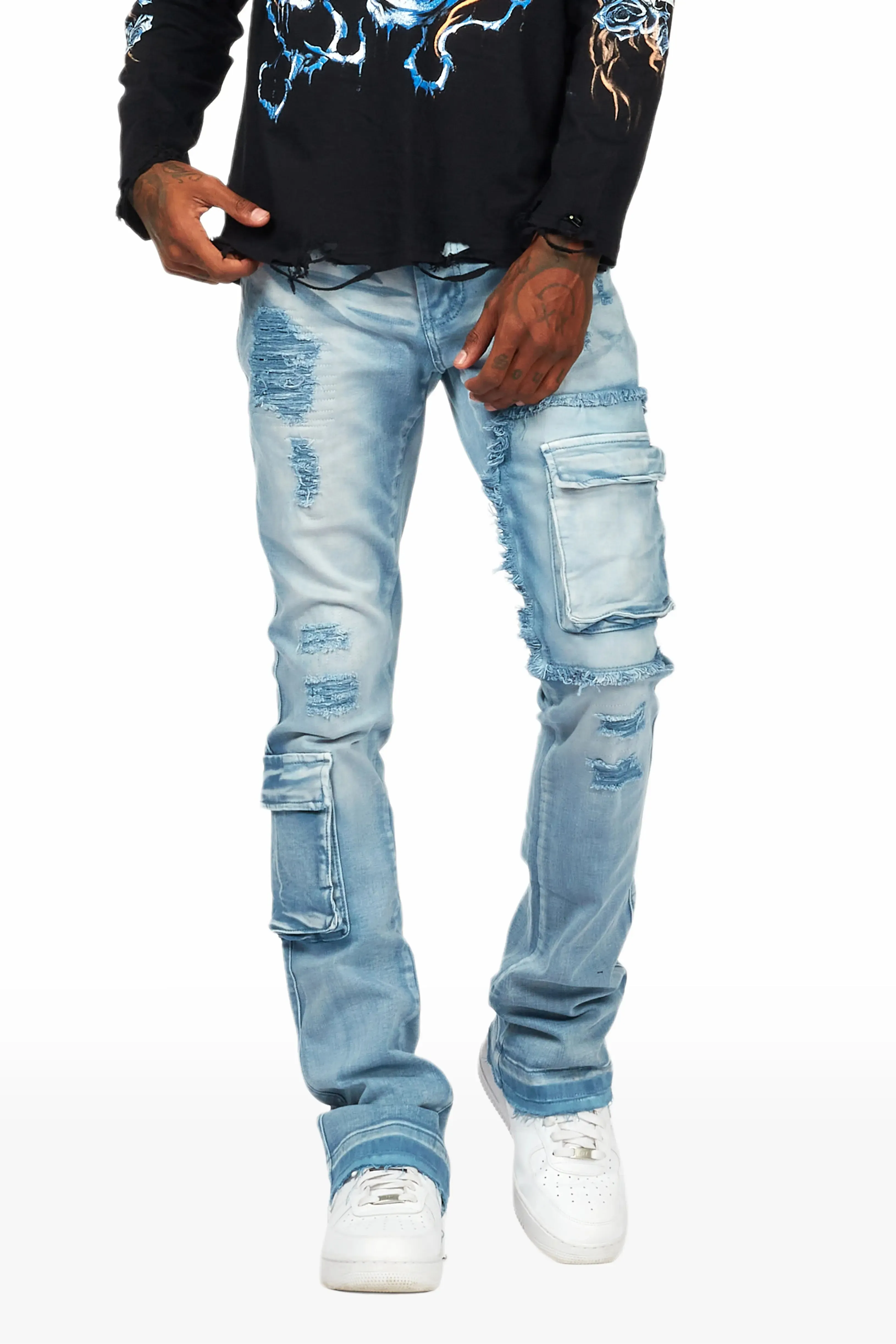 AVELINE flared retro jean (blue) 韓国芸能人協賛ブランド AE Pride Strigid Ripped Low-Rise Baggy Flare Jean | Men's