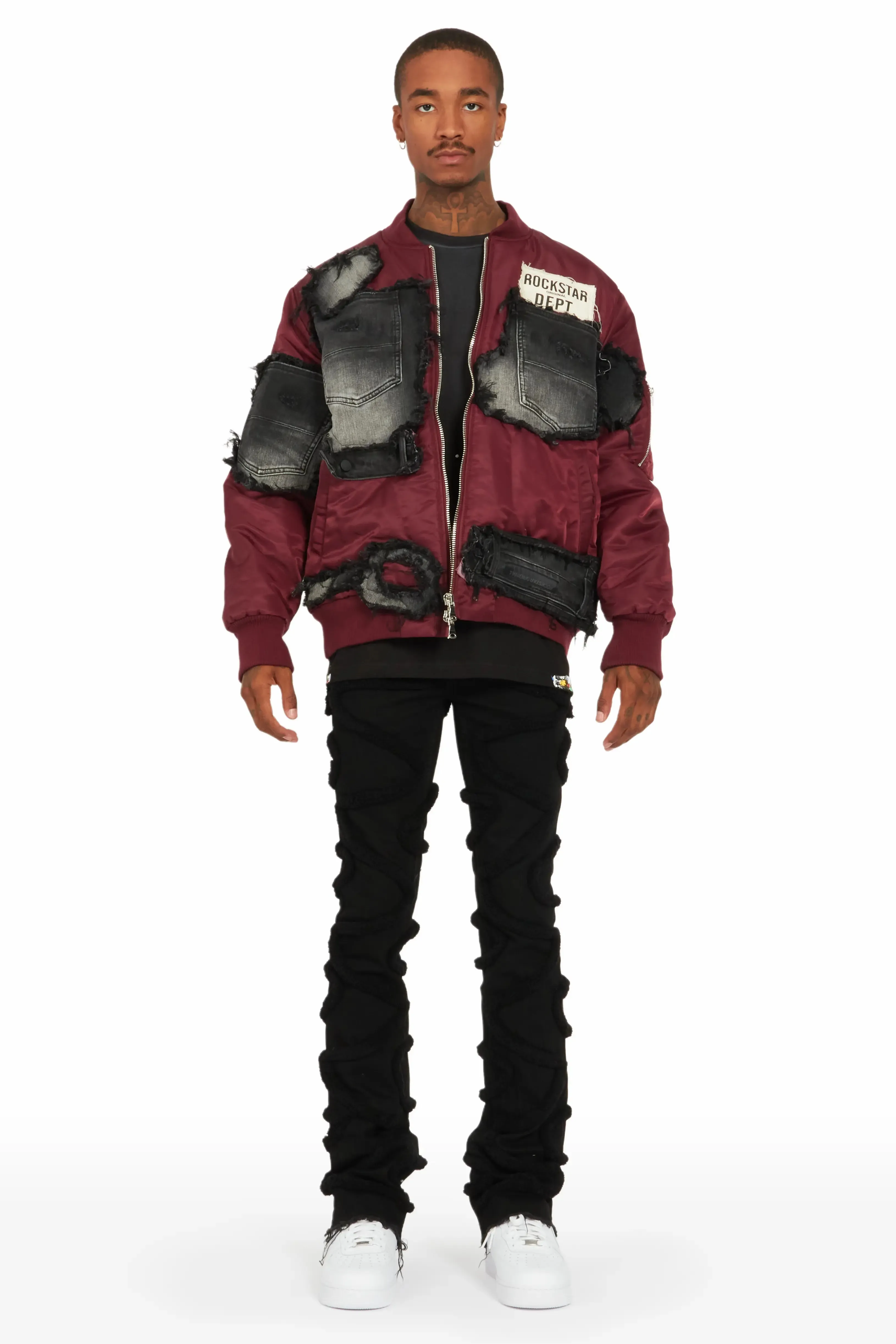 Xylo Burgundy Patchwork Bomber Jacket sold by Rockstar Original product image thumbnail 3