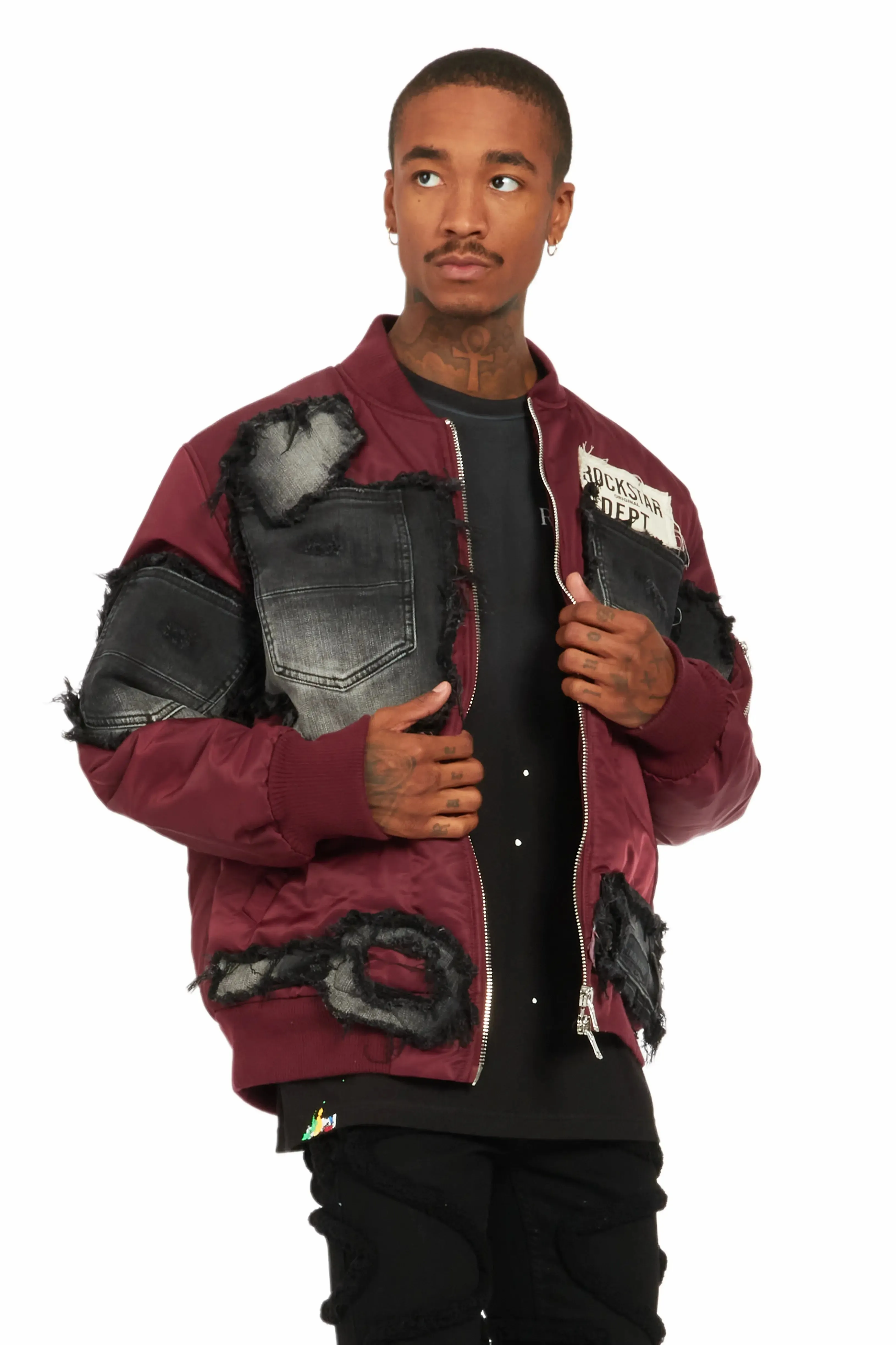 Xylo Burgundy Patchwork Bomber Jacket sold by Rockstar Original product image thumbnail 2