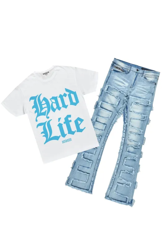 Hard Life White T-Shirt & Arne Blue Stacked Flare Jean Bundle sold by Rockstar Original